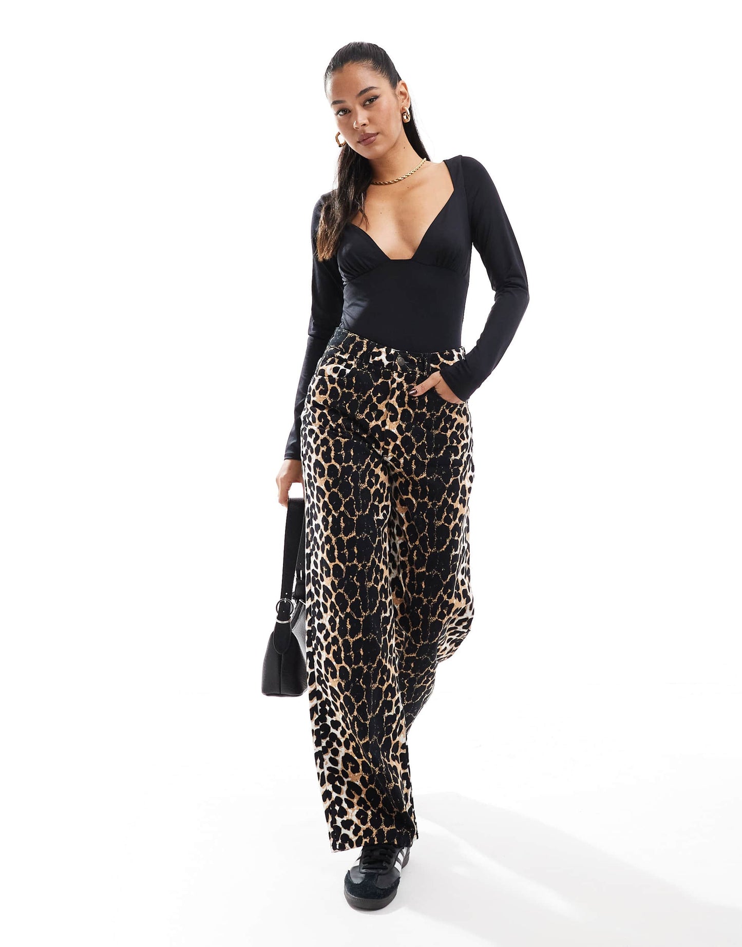Stradivarius deep v neck long sleeve bodysuit in black