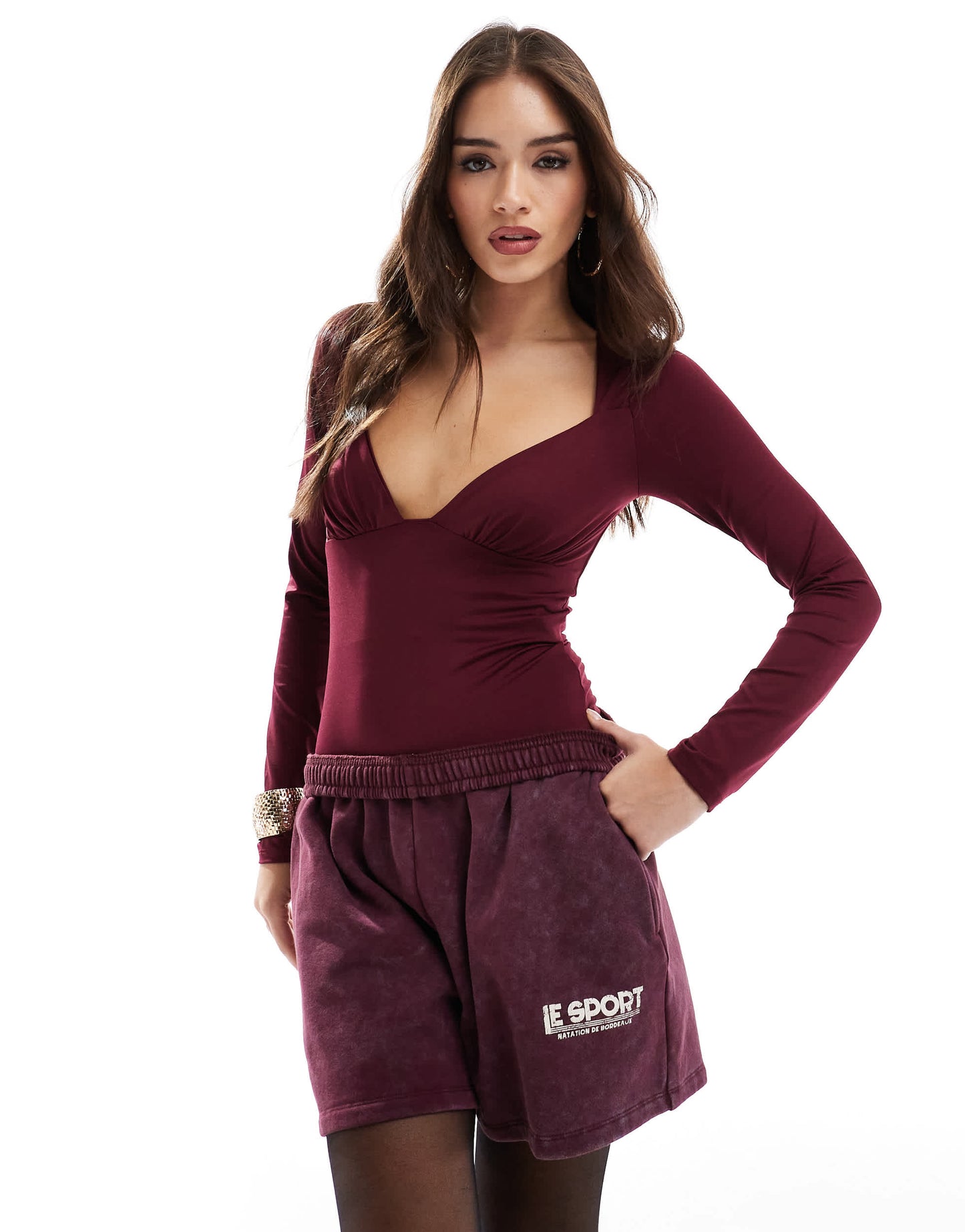 Stradivarius deep v neck long sleeve body in burgundy