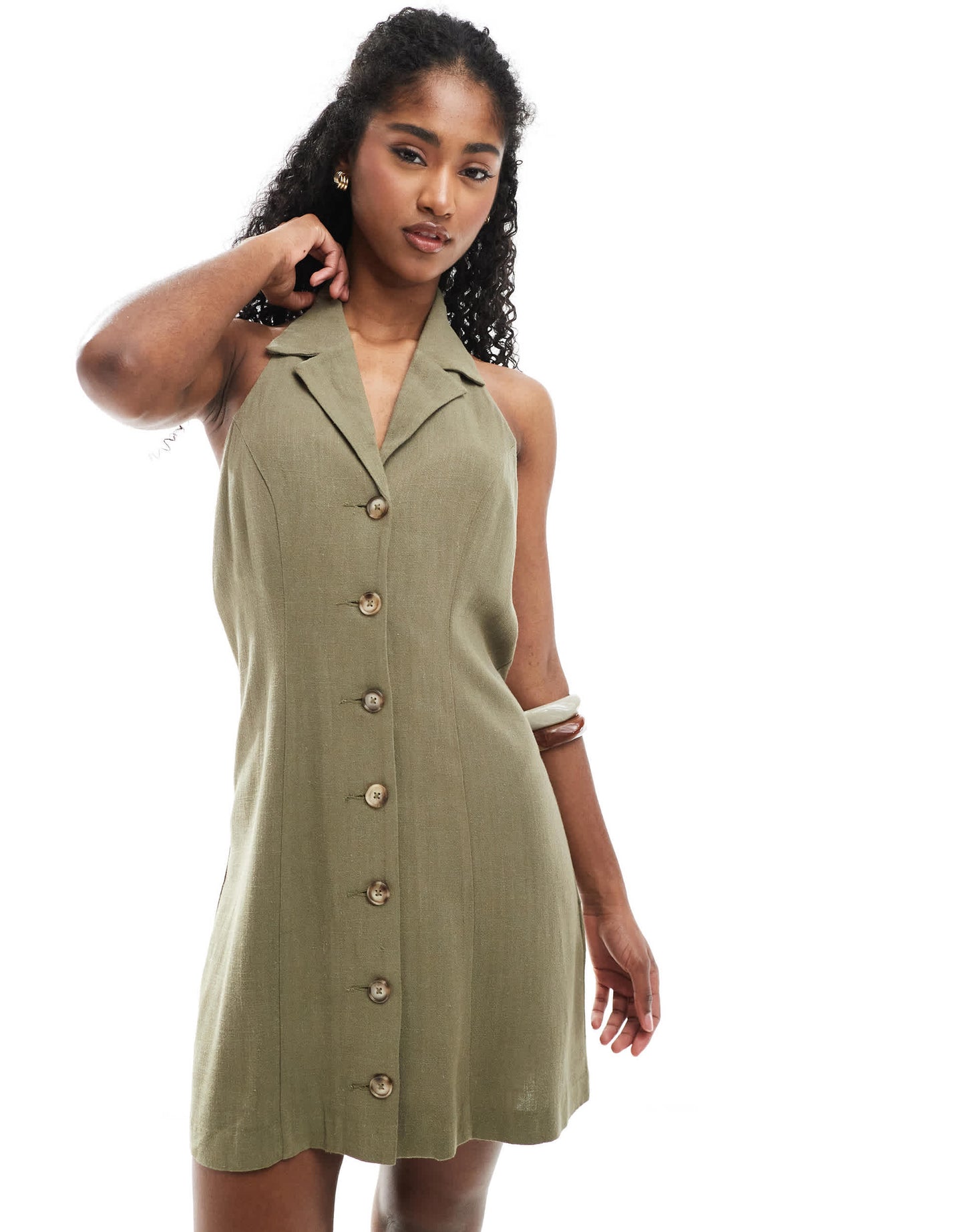 Miss Selfridge linen blend collared halter mini dress khaki