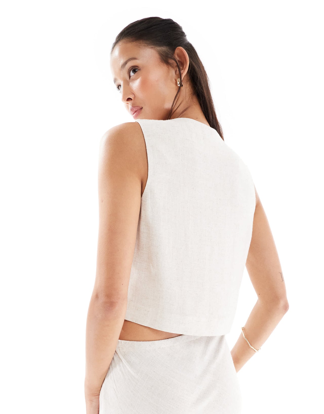 Miss Selfridge linen blend tie front waistcoat in stone