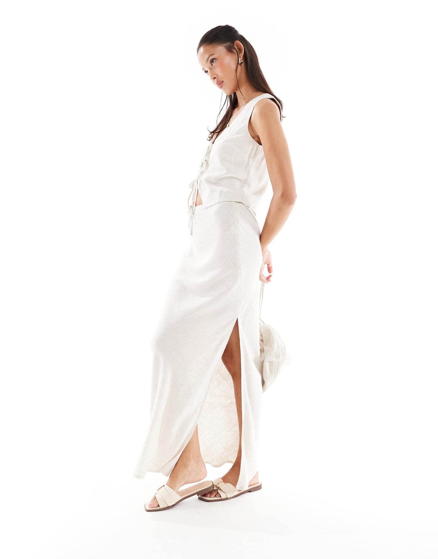 Miss Selfridge linen blend tie front waistcoat in stone