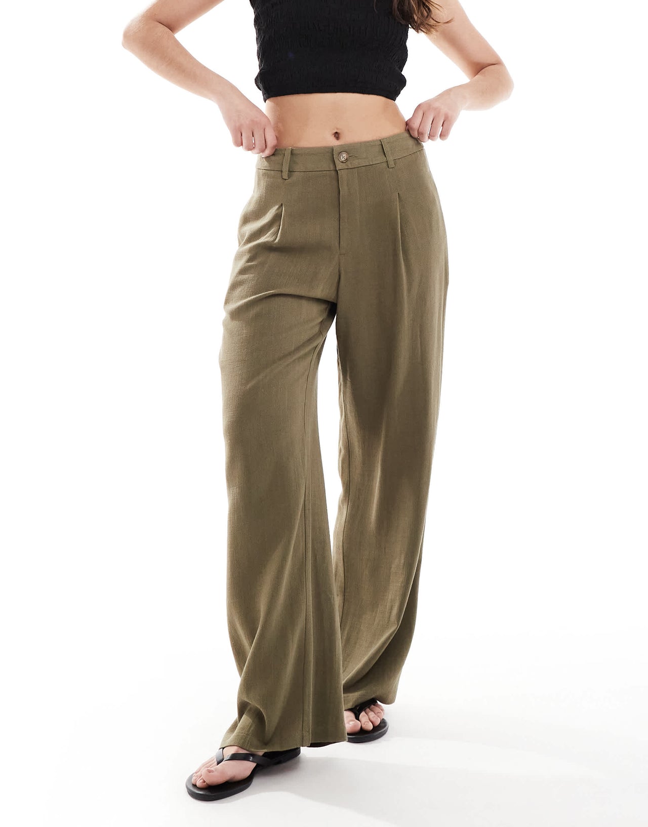 Miss Selfridge linen blend tailored wide leg trousers in khaki