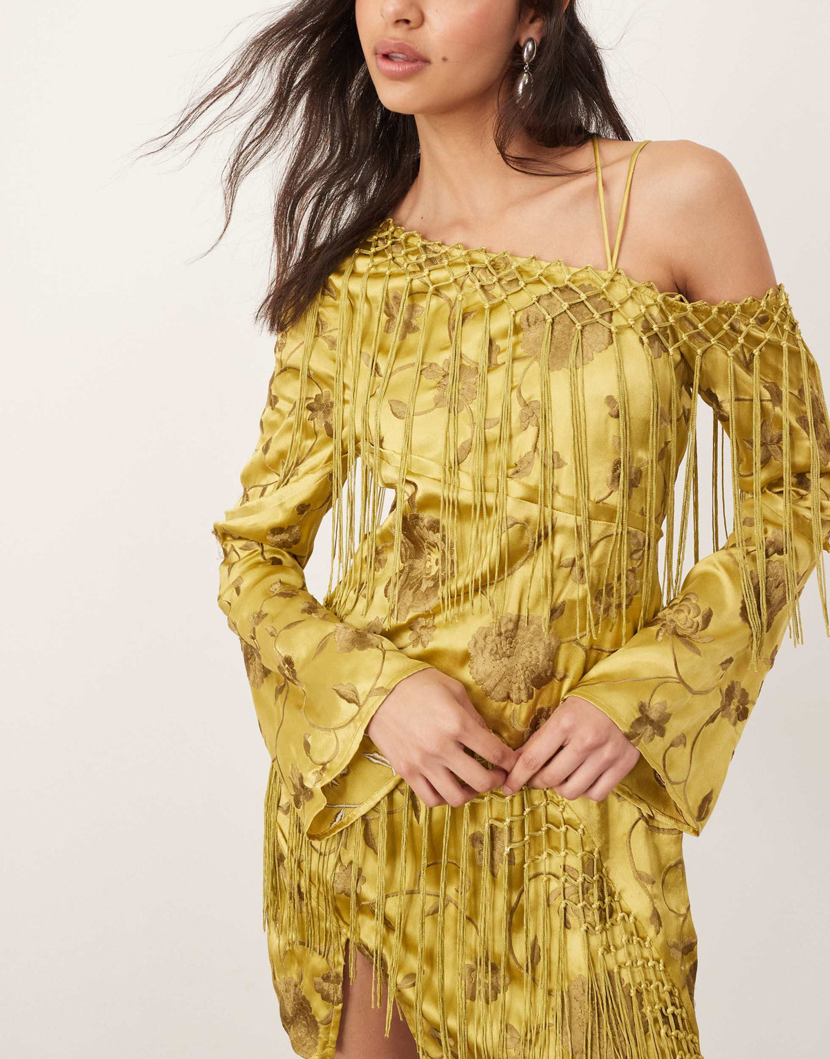 ARRANGE embroidered fringe detail off shoulder tie back mini dress in olive