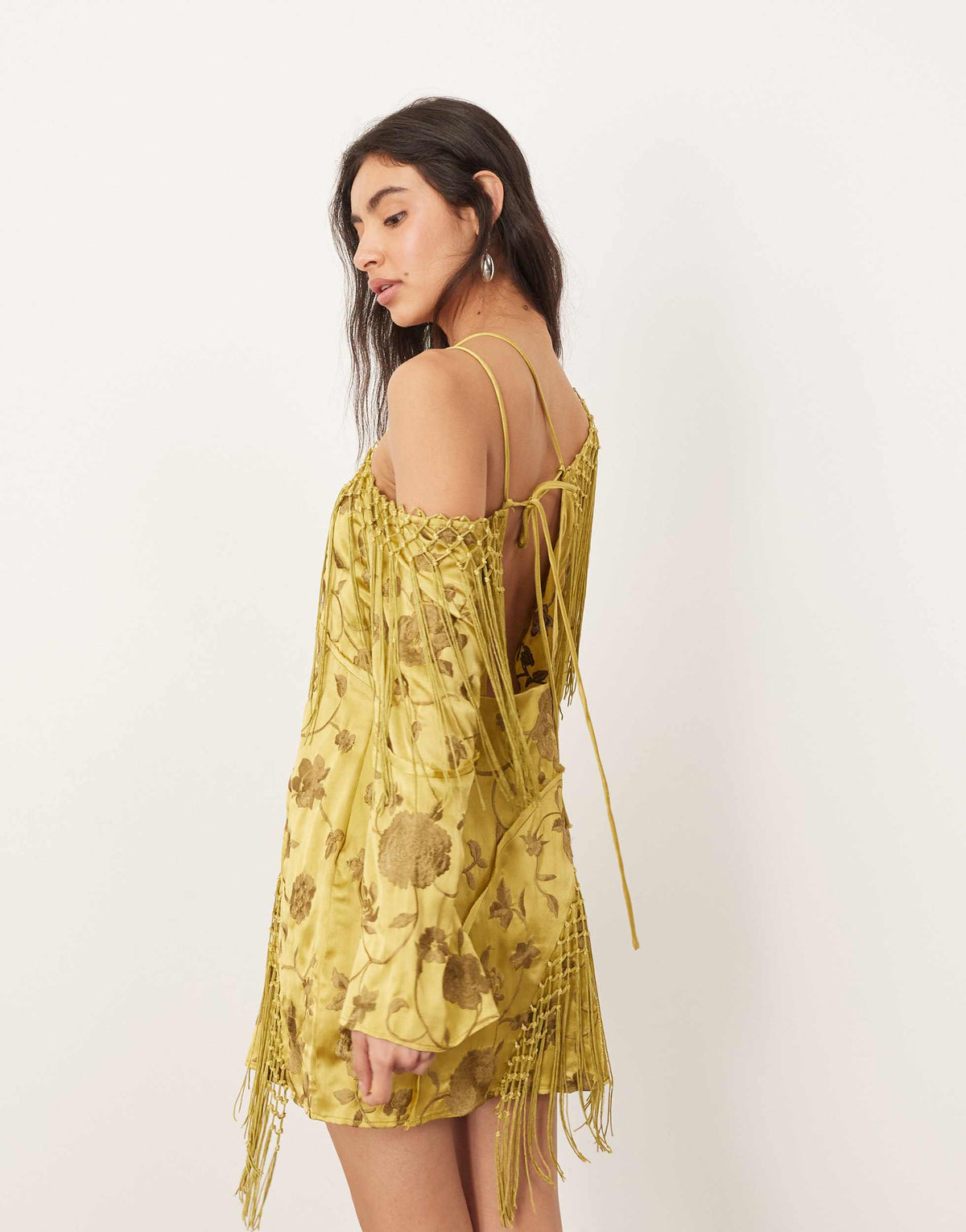 ARRANGE embroidered fringe detail off shoulder tie back mini dress in olive