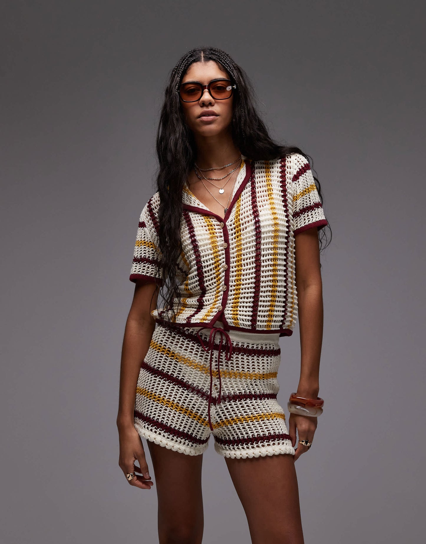 Topshop knitted co-ord open stitch stripe shirt in red, mustard and cream
