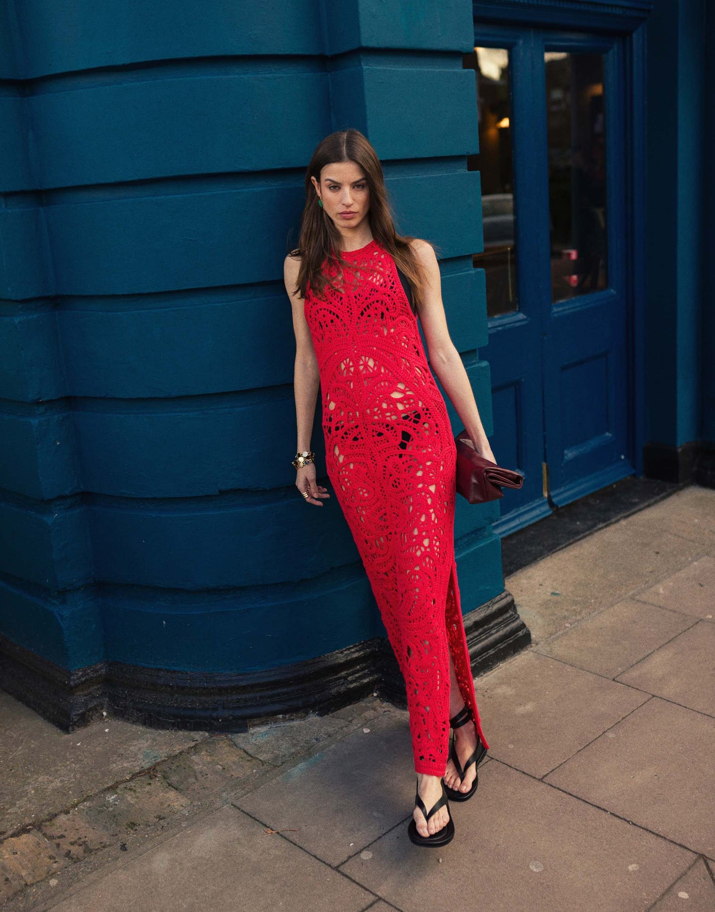 Topshop knitted premium crochet maxi dress in red
