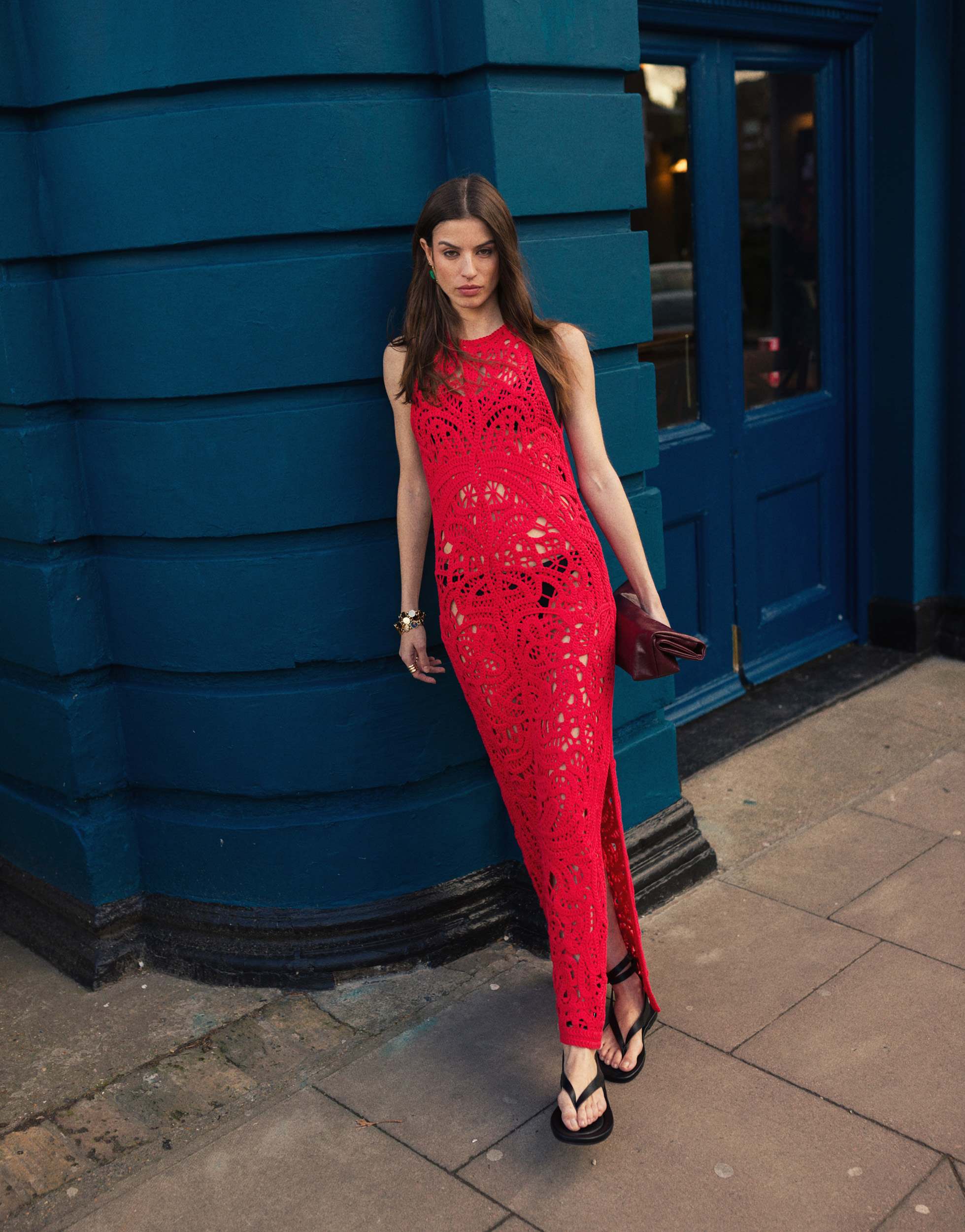 Topshop knitted premium crochet maxi dress in red