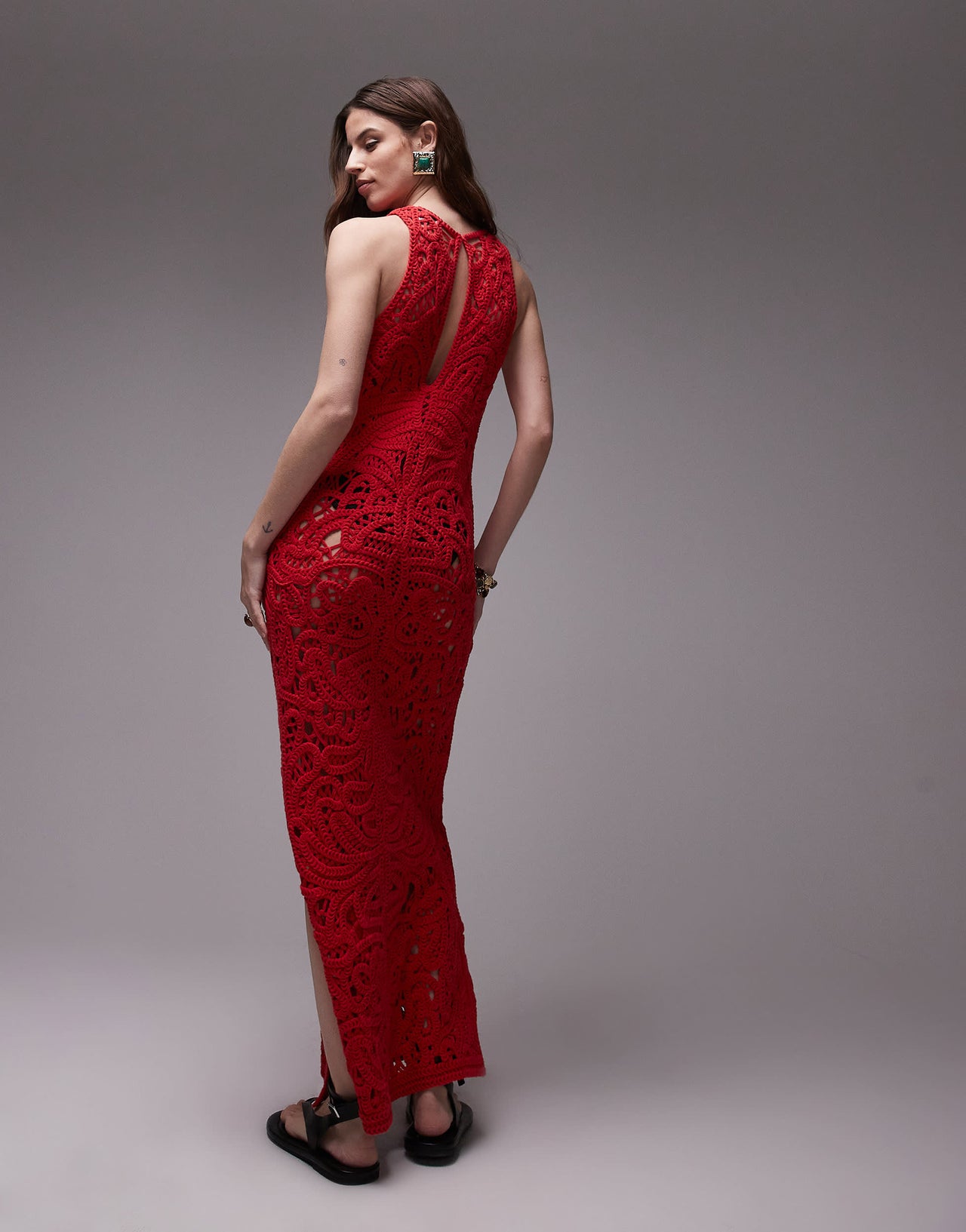 Topshop knitted premium crochet maxi dress in red