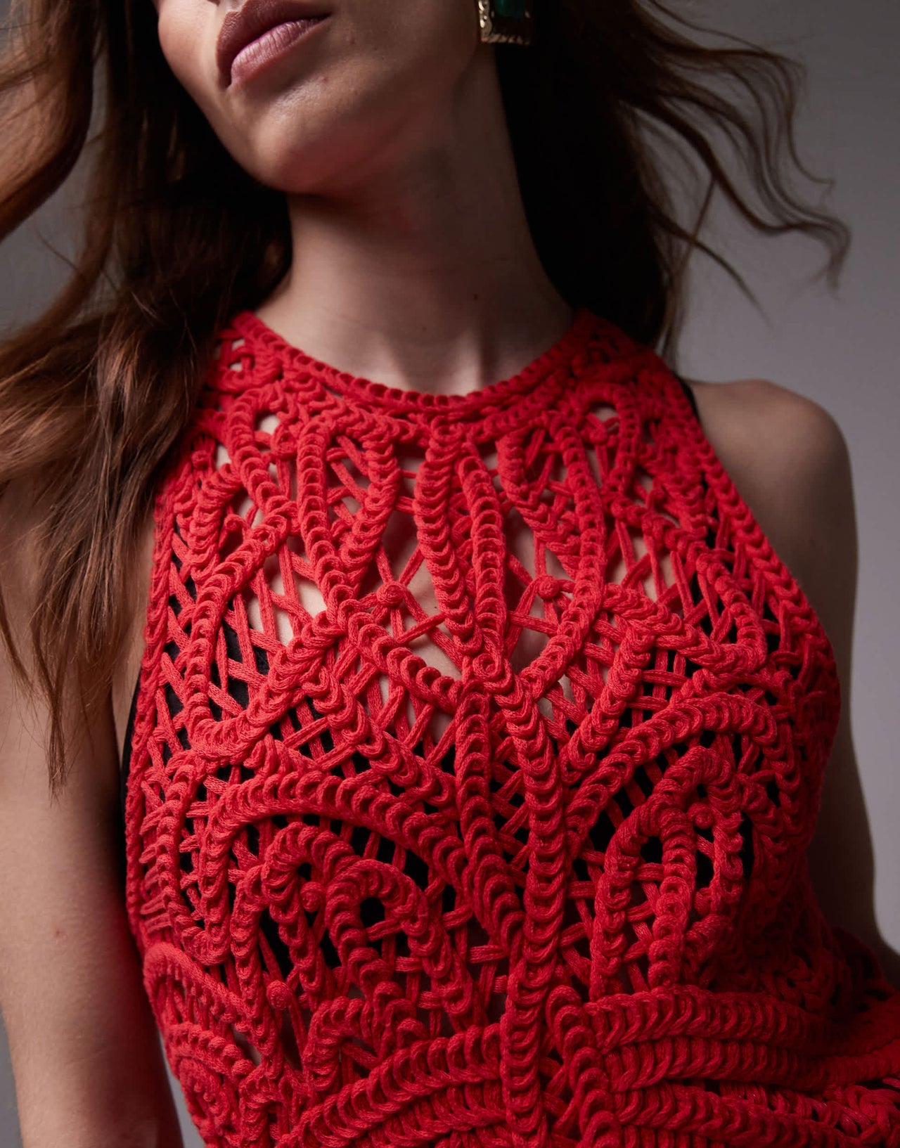 Topshop knitted premium crochet maxi dress in red