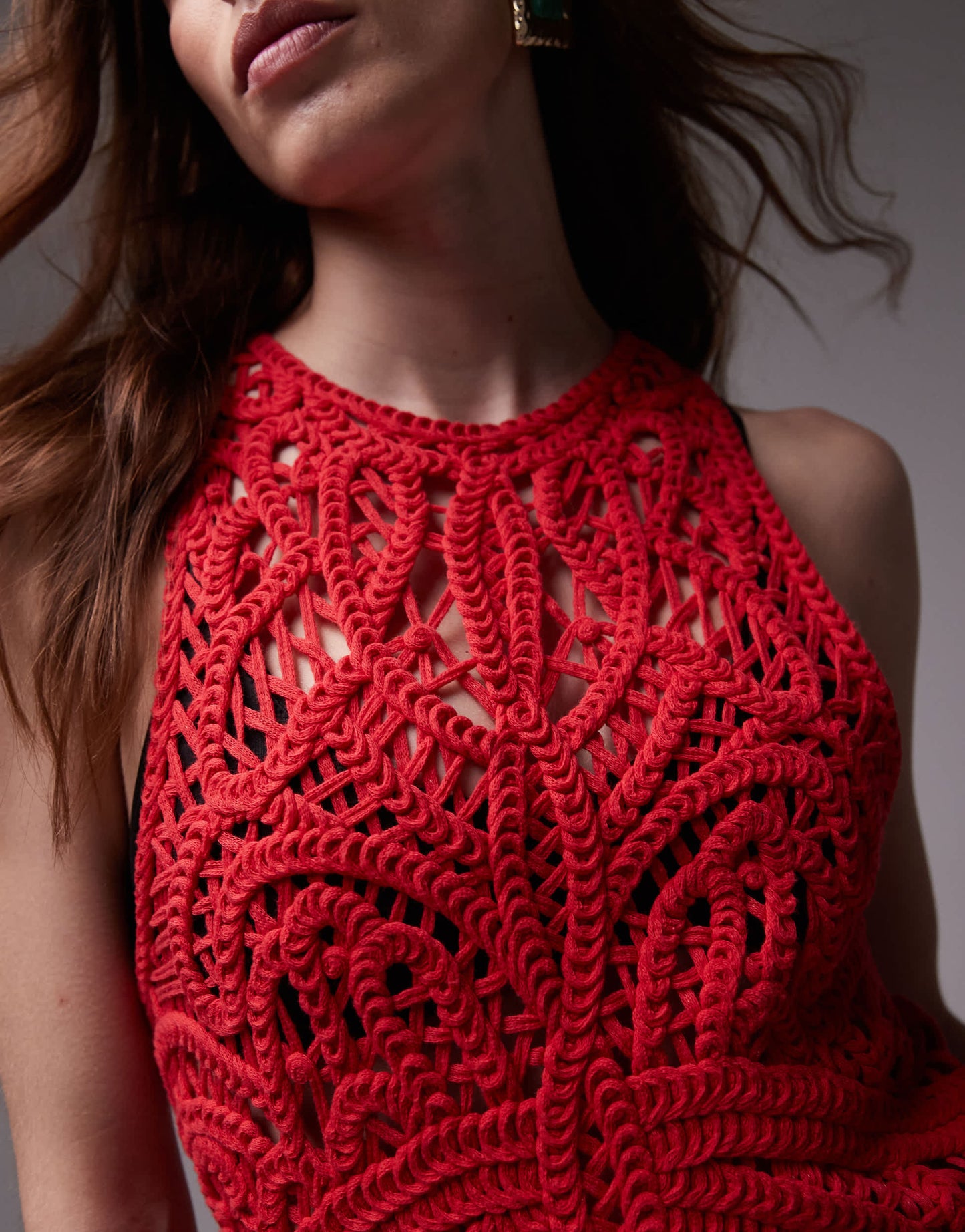 Topshop knitted premium crochet maxi dress in red