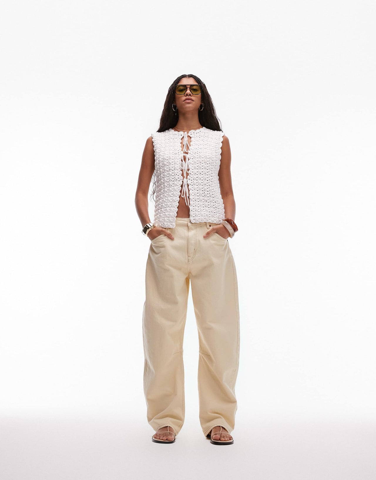 Topshop knitted premium hand knit tie vest in ivory