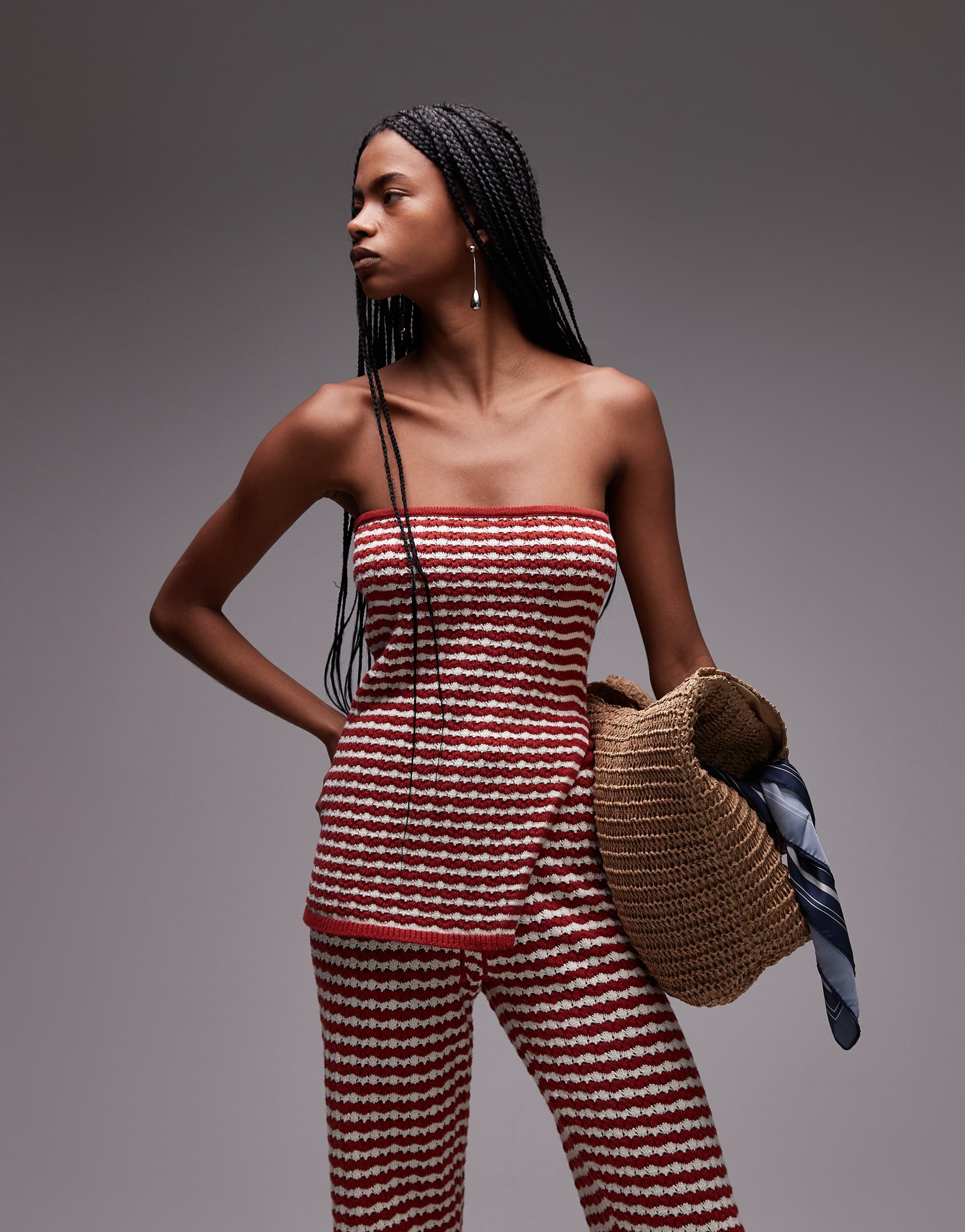 Topshop knitted stripe bandeau co-ord in rust