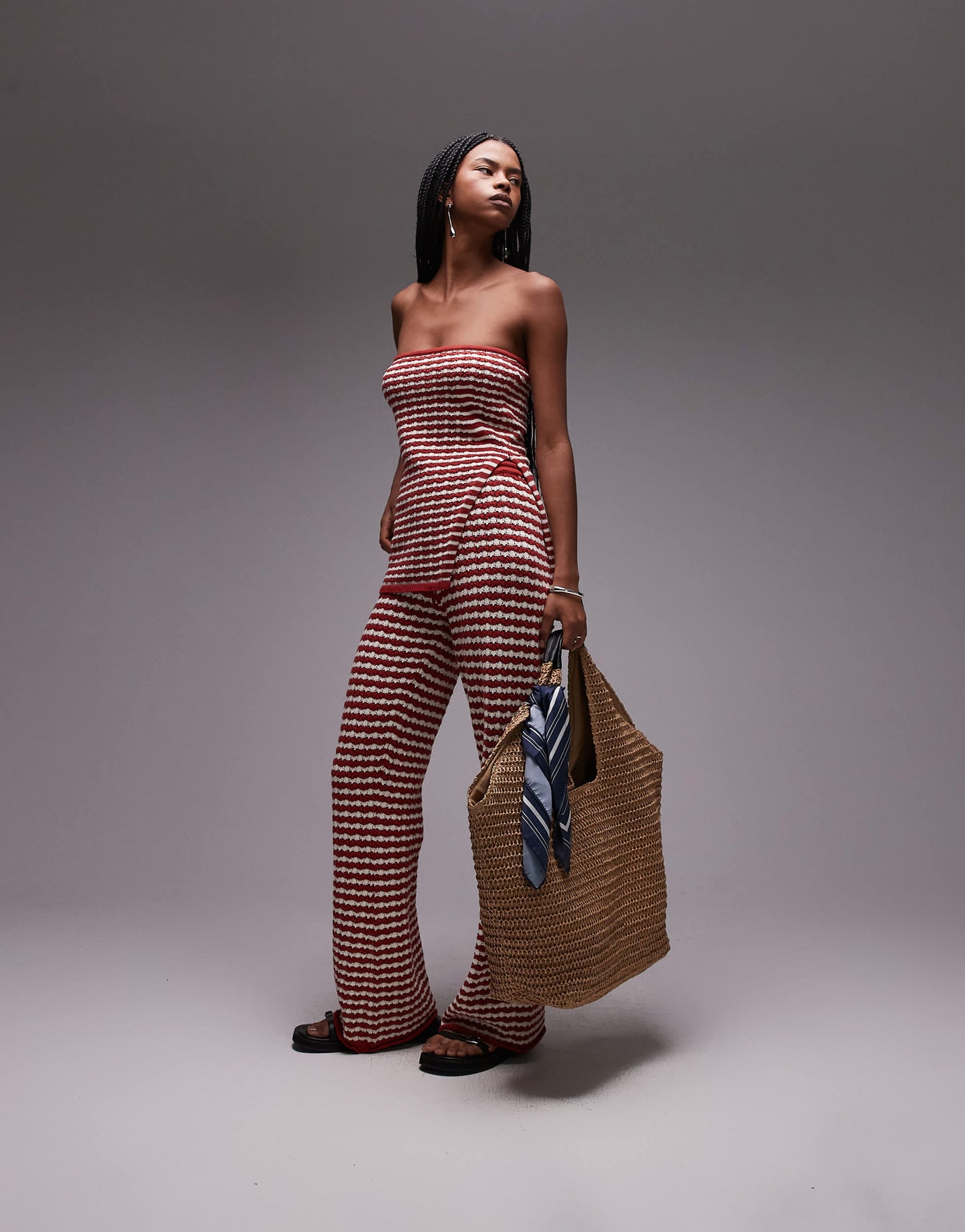 Topshop knitted stripe bandeau co-ord in rust