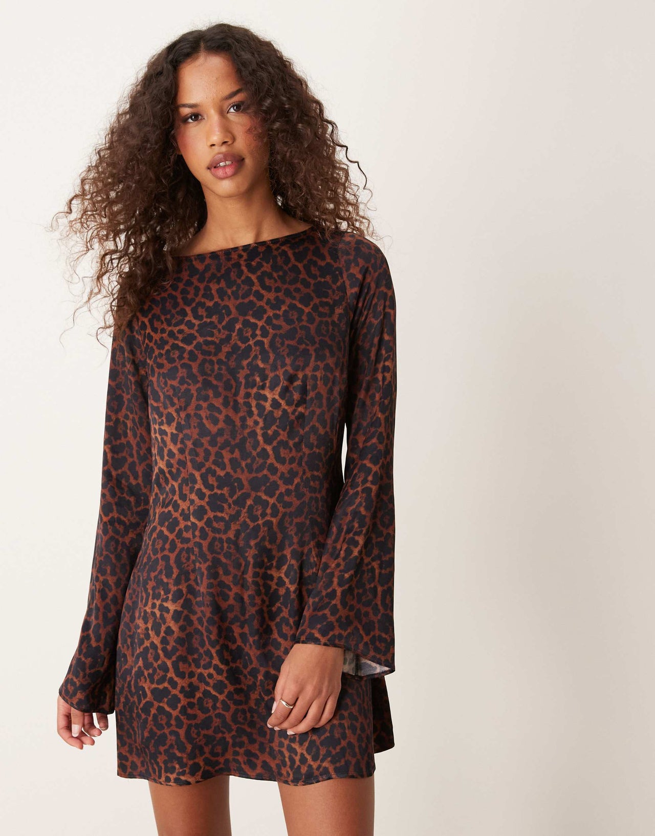 ASOS DESIGN satin angel sleeve mini dress in leopard print