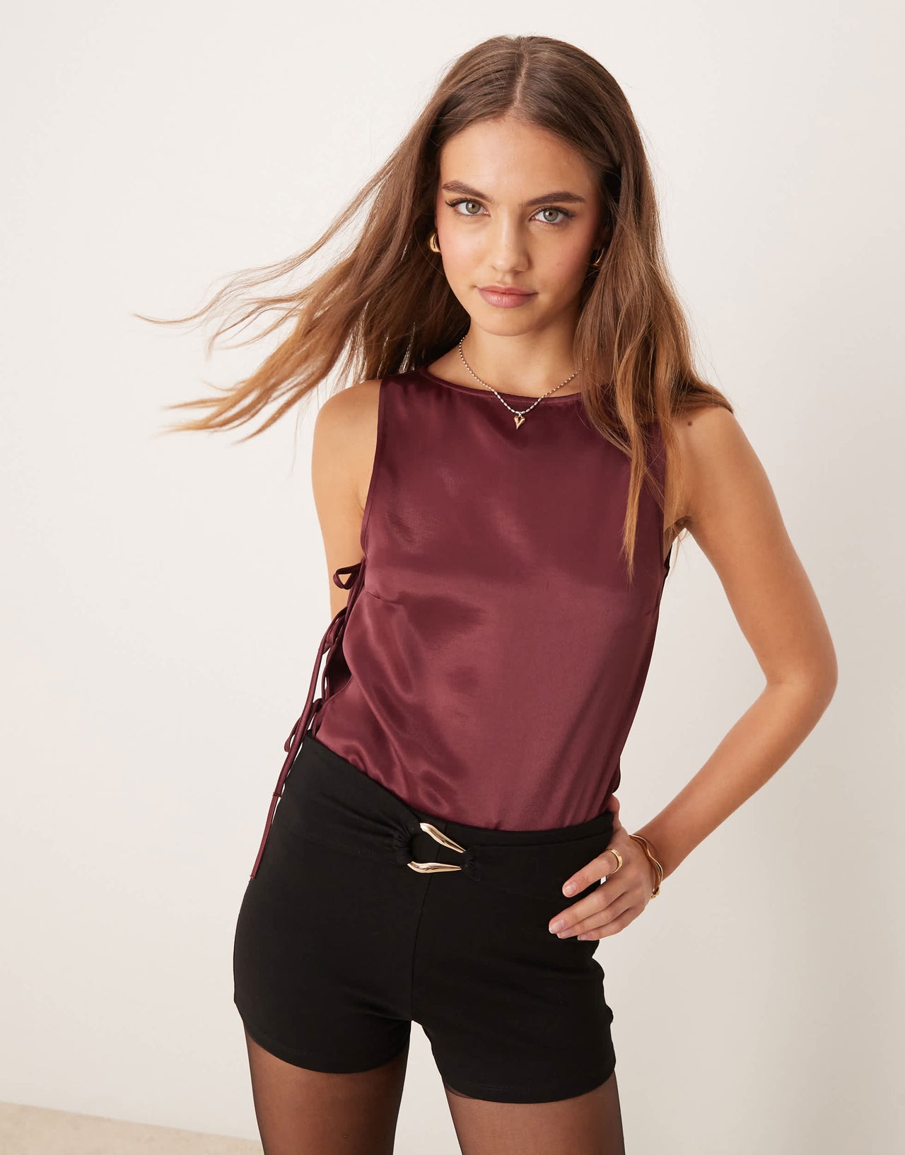 ASOS DESIGN tie side slash neck top in satin in burgundy