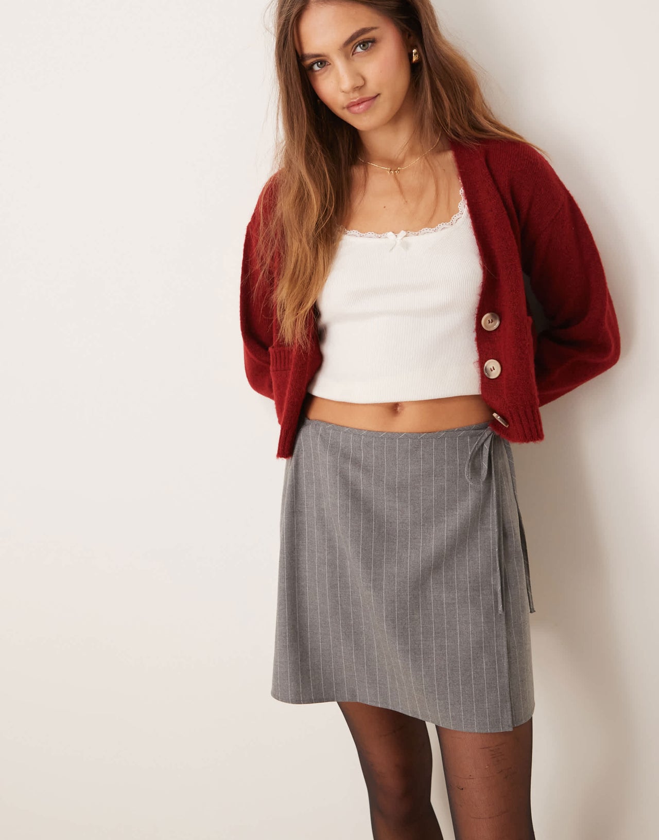 ASOS DESIGN wrap mini skirt grey pinstripe
