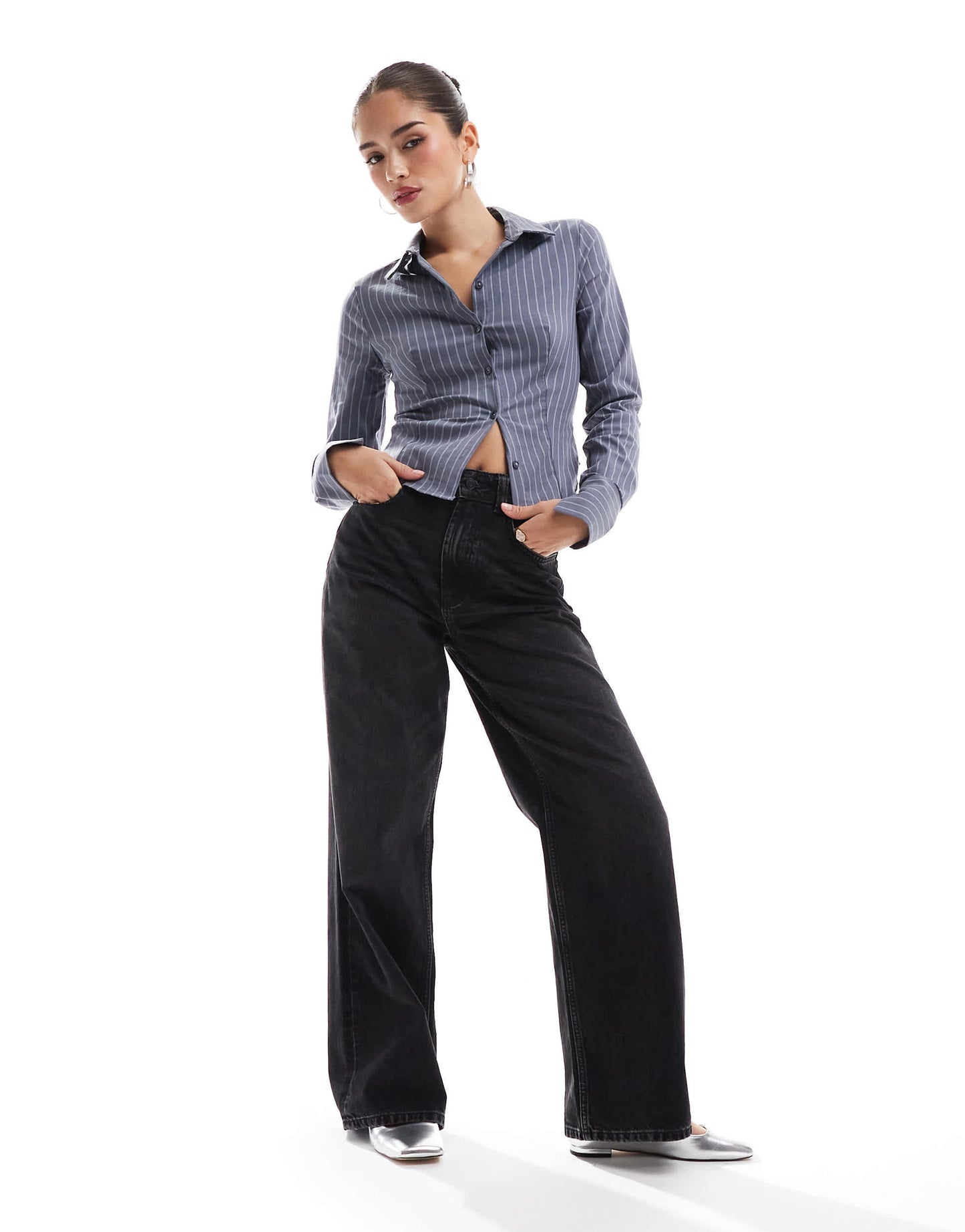 ASOS DESIGN fitted shirt in grey pinstripe