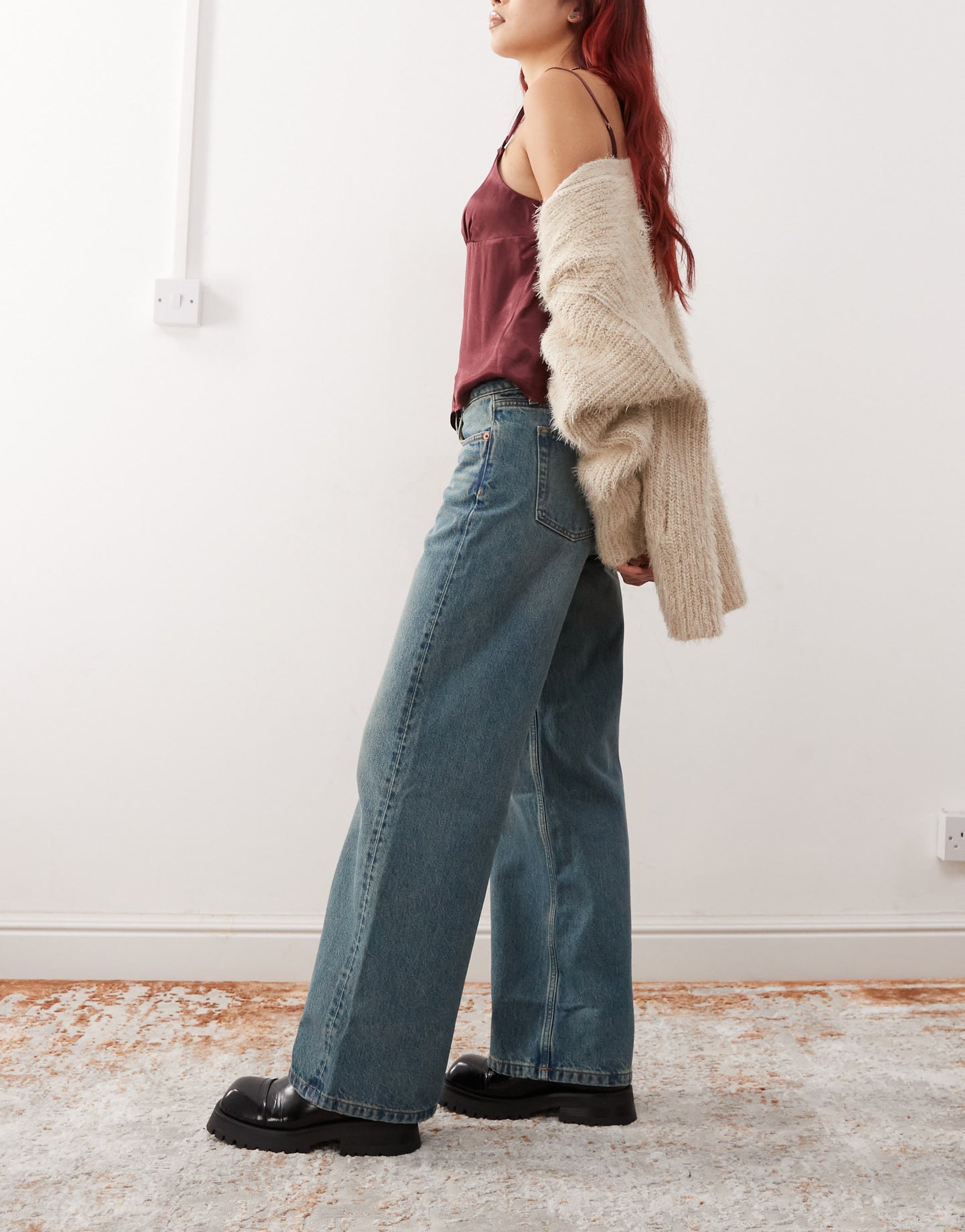Monki Imoo low waisted wide fit jeans in mid blue wash