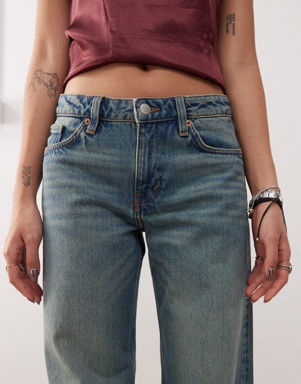 Monki Imoo low waisted wide fit jeans in mid blue wash