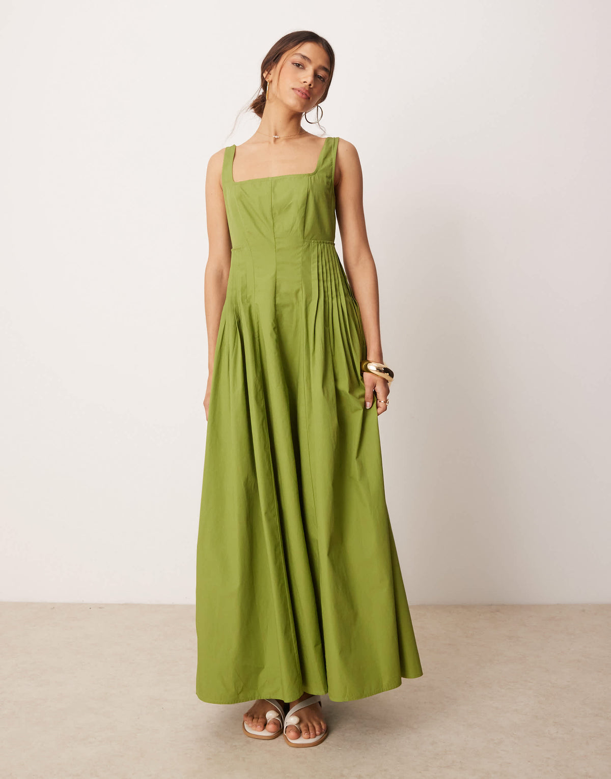 ASOS DESIGN scoop neck pleat waist maxi sundress in olive