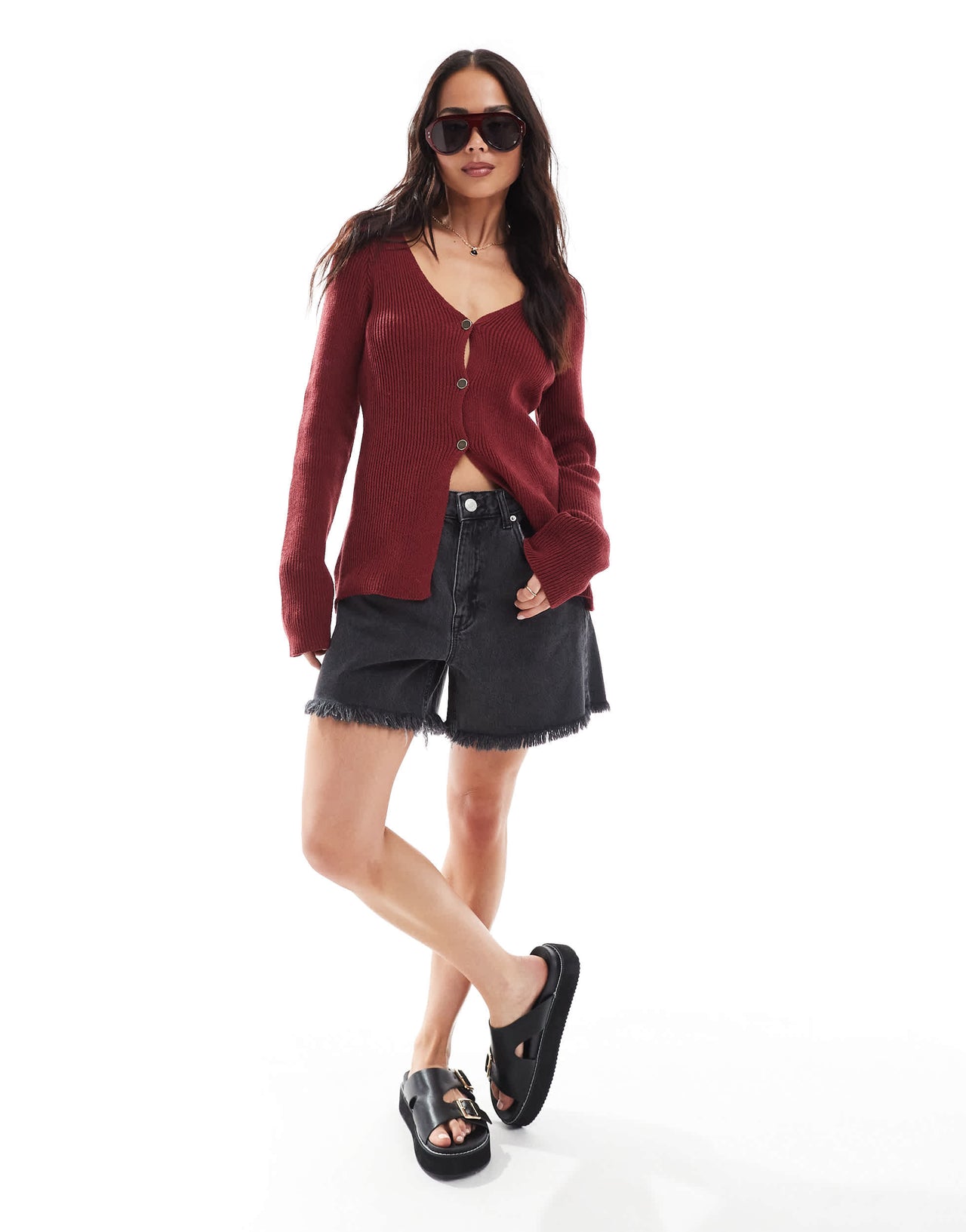 ASOS DESIGN knitted v neck structured cardigan with gold buttons in burgundy