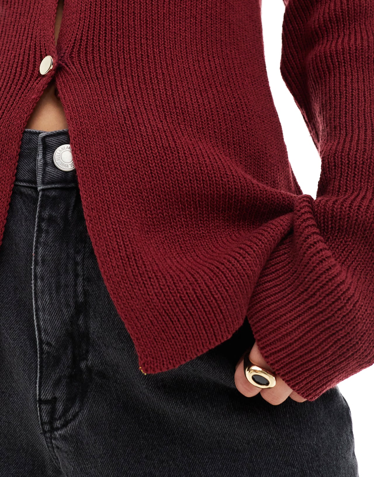 ASOS DESIGN knitted v neck structured cardigan with gold buttons in burgundy