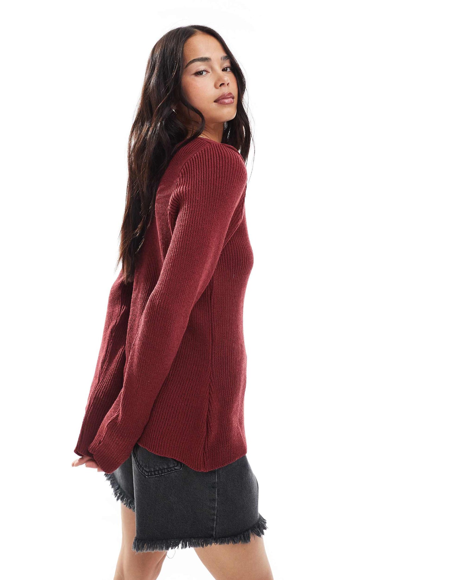 ASOS DESIGN knitted v neck structured cardigan with gold buttons in burgundy