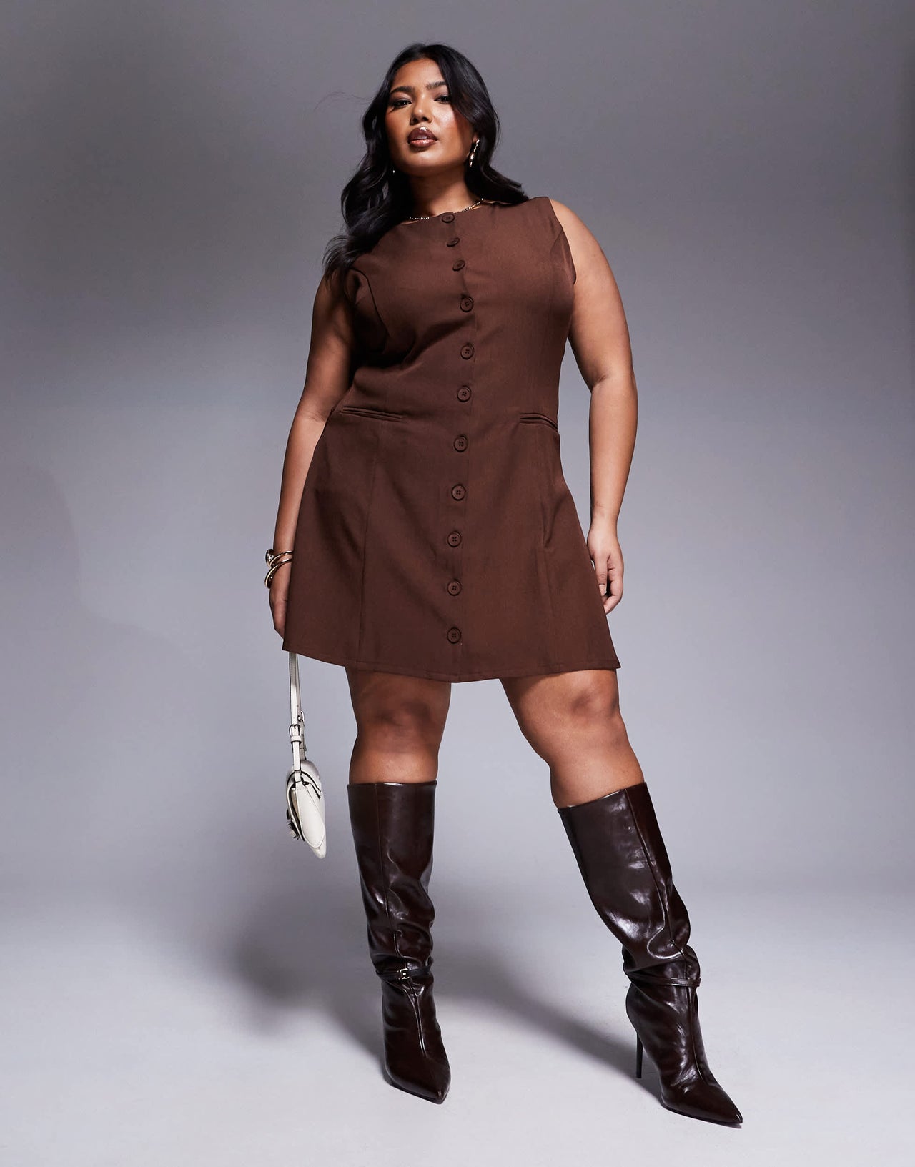 In The Style Plus x Natalya Wright exclusive tailored button down mini dress in chocolate