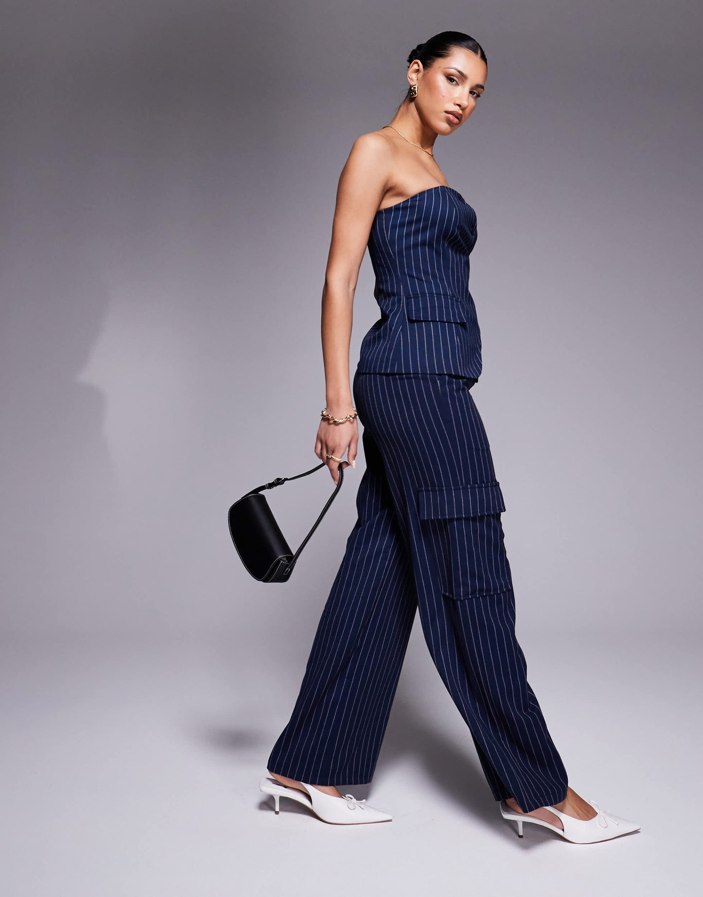 In The Style x Natalya Wright exclusive tailored wide leg pocket detail trousers co-ord in navy pinstripe