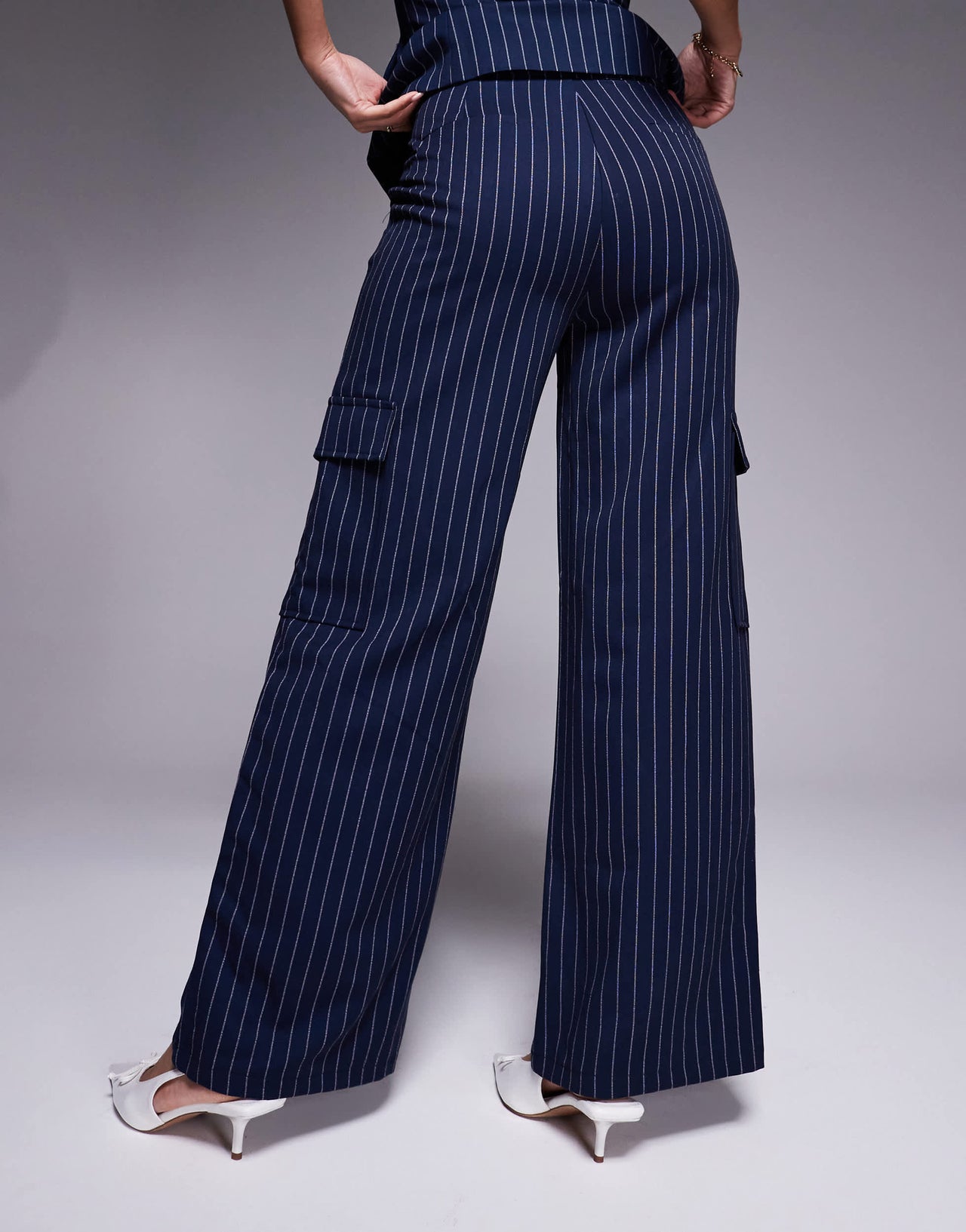 In The Style x Natalya Wright exclusive tailored wide leg pocket detail trousers co-ord in navy pinstripe