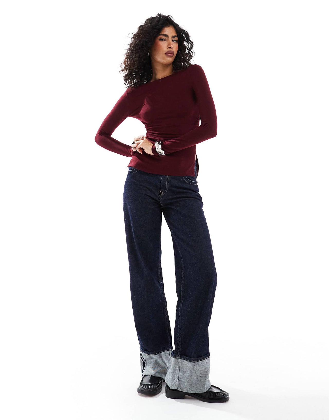 Bershka ruched side long sleeve t-shirt in burgundy