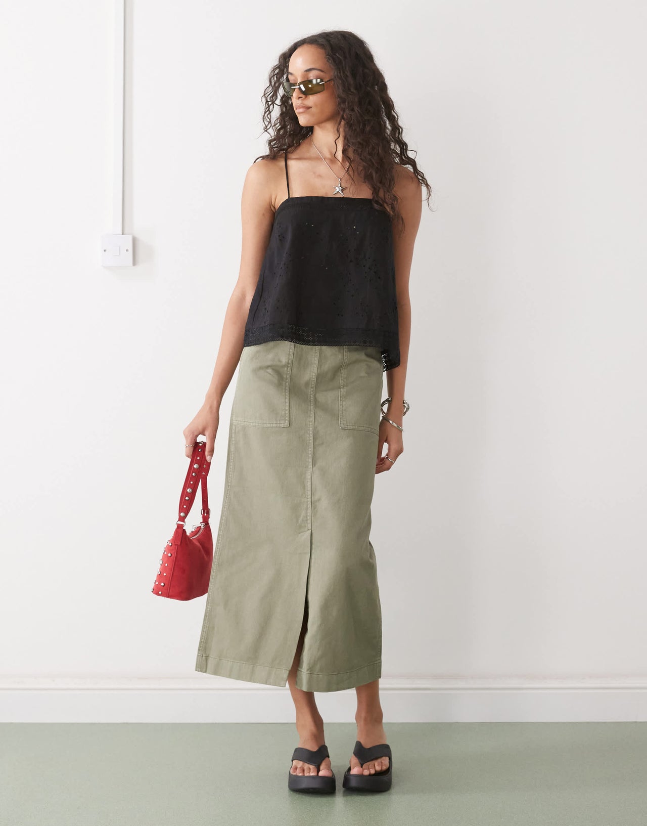 COLLUSION open back crochet patch work cami top in black