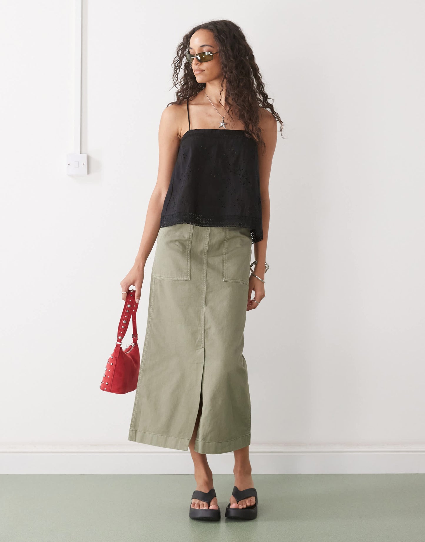 COLLUSION open back crochet patch work cami top in black