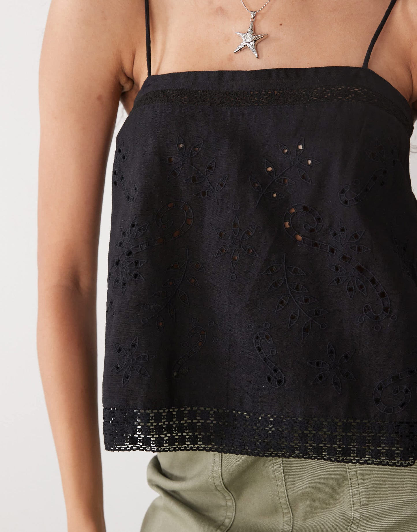 COLLUSION open back crochet patch work cami top in black