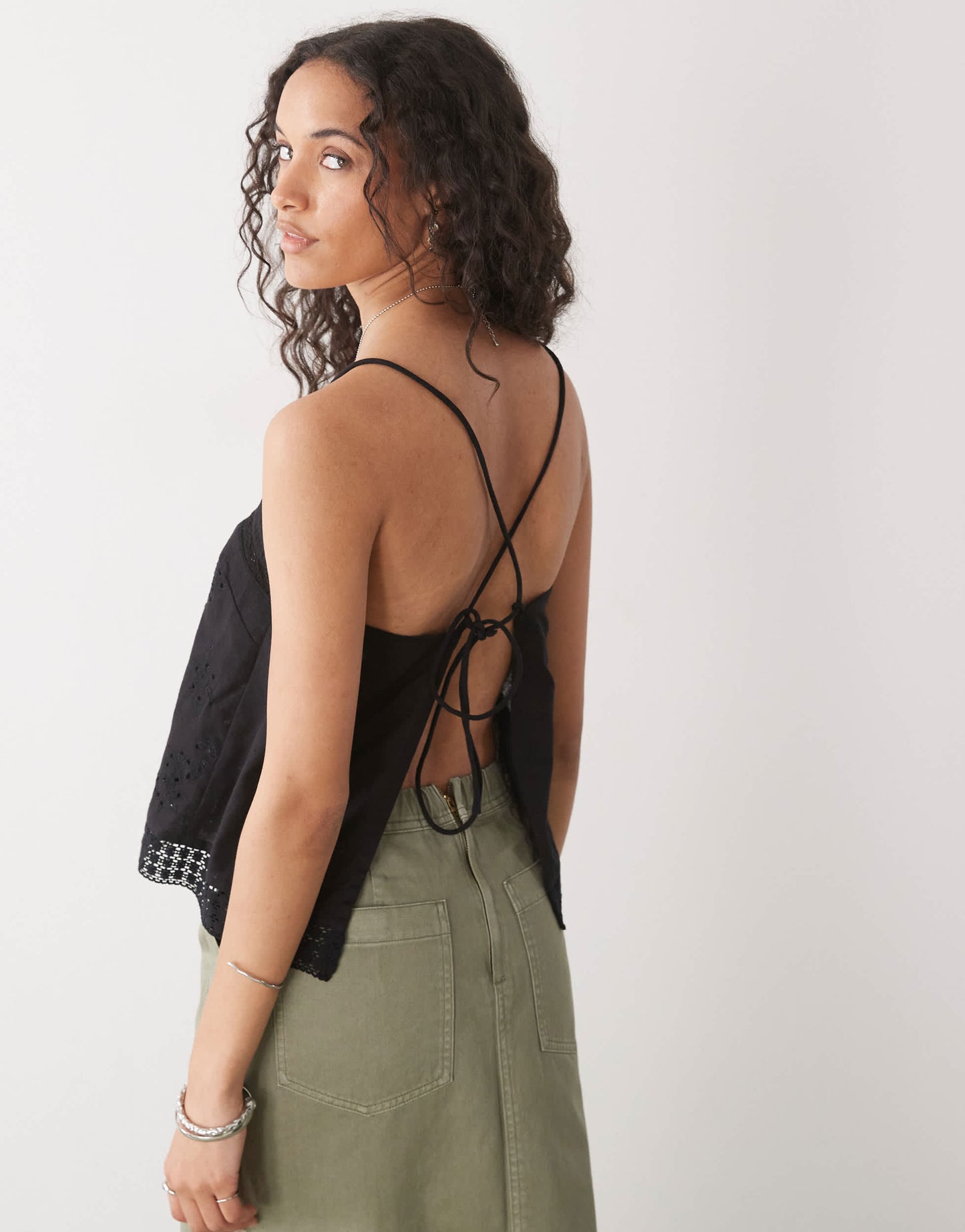 COLLUSION open back crochet patch work cami top in black
