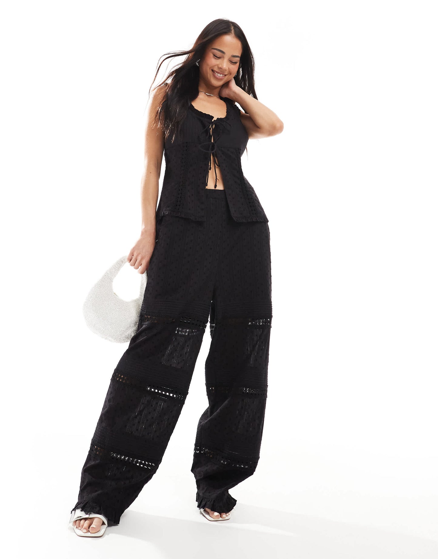 ASOS DESIGN cut and sew broderie top co-ord in black
