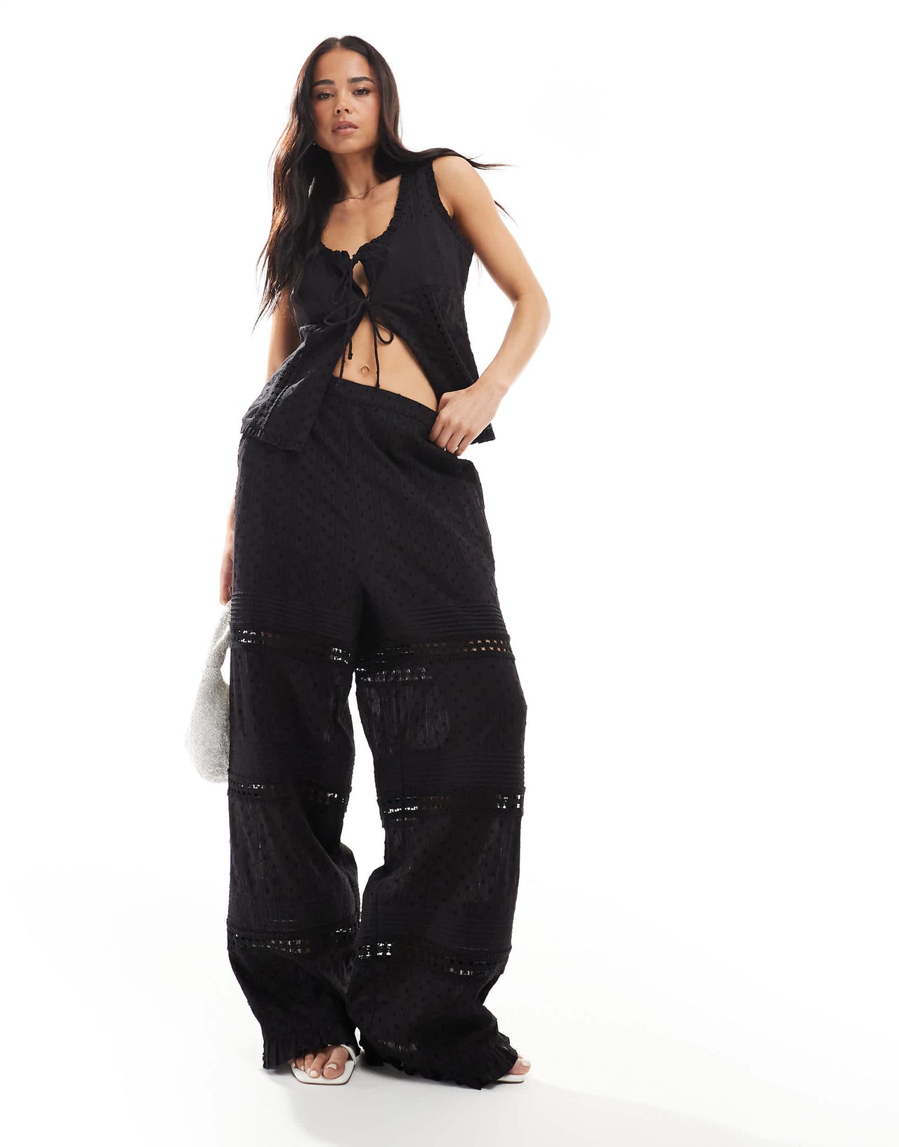ASOS DESIGN cut and sew broderie trousers co-ord in black