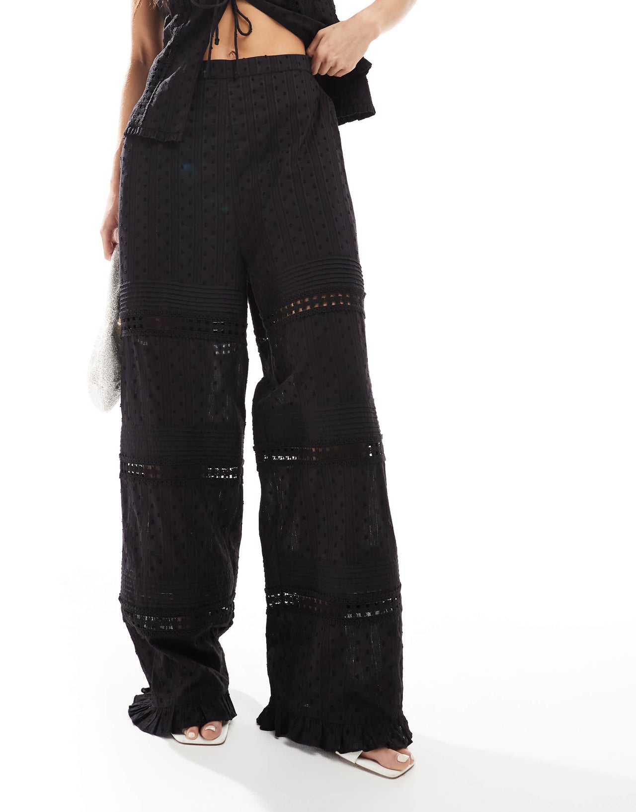 ASOS DESIGN cut and sew broderie trousers co-ord in black