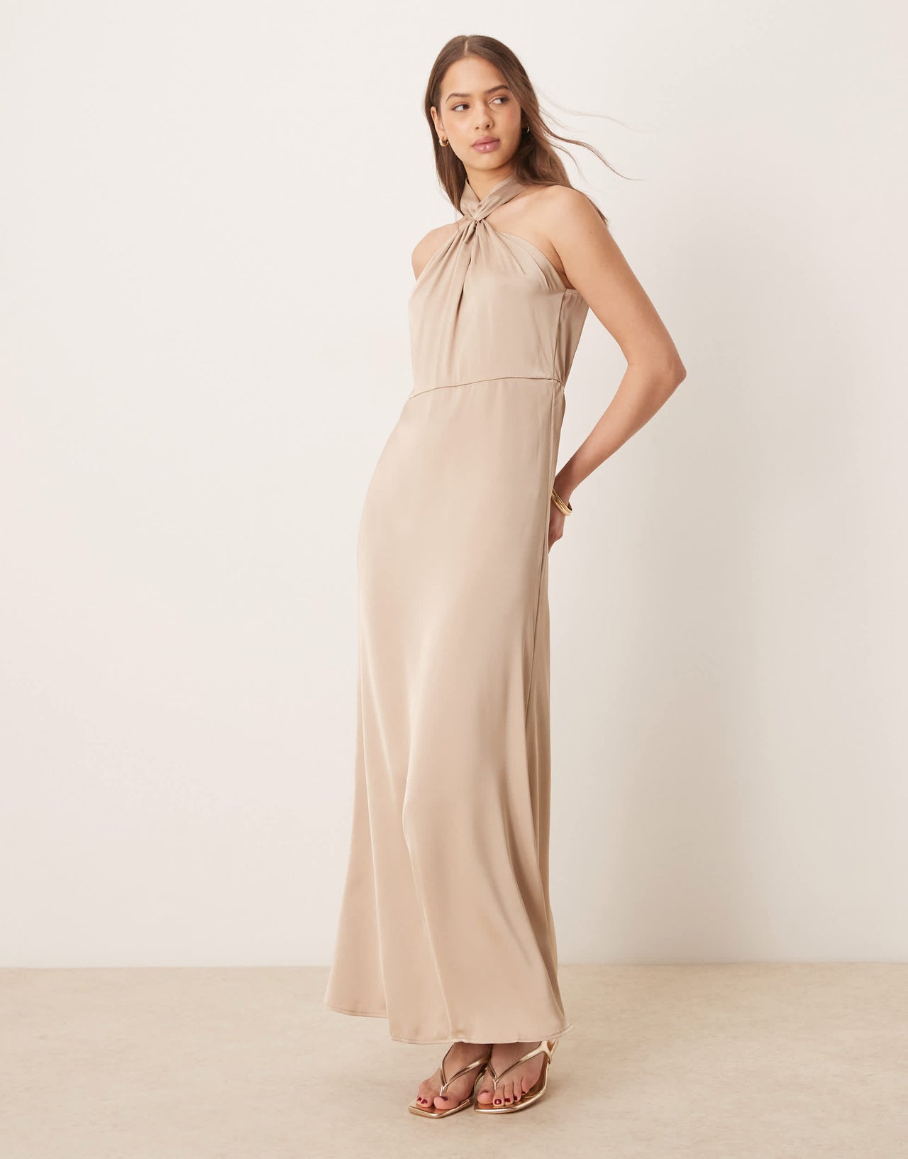 Vila satin twist halterneck midi dress in beige