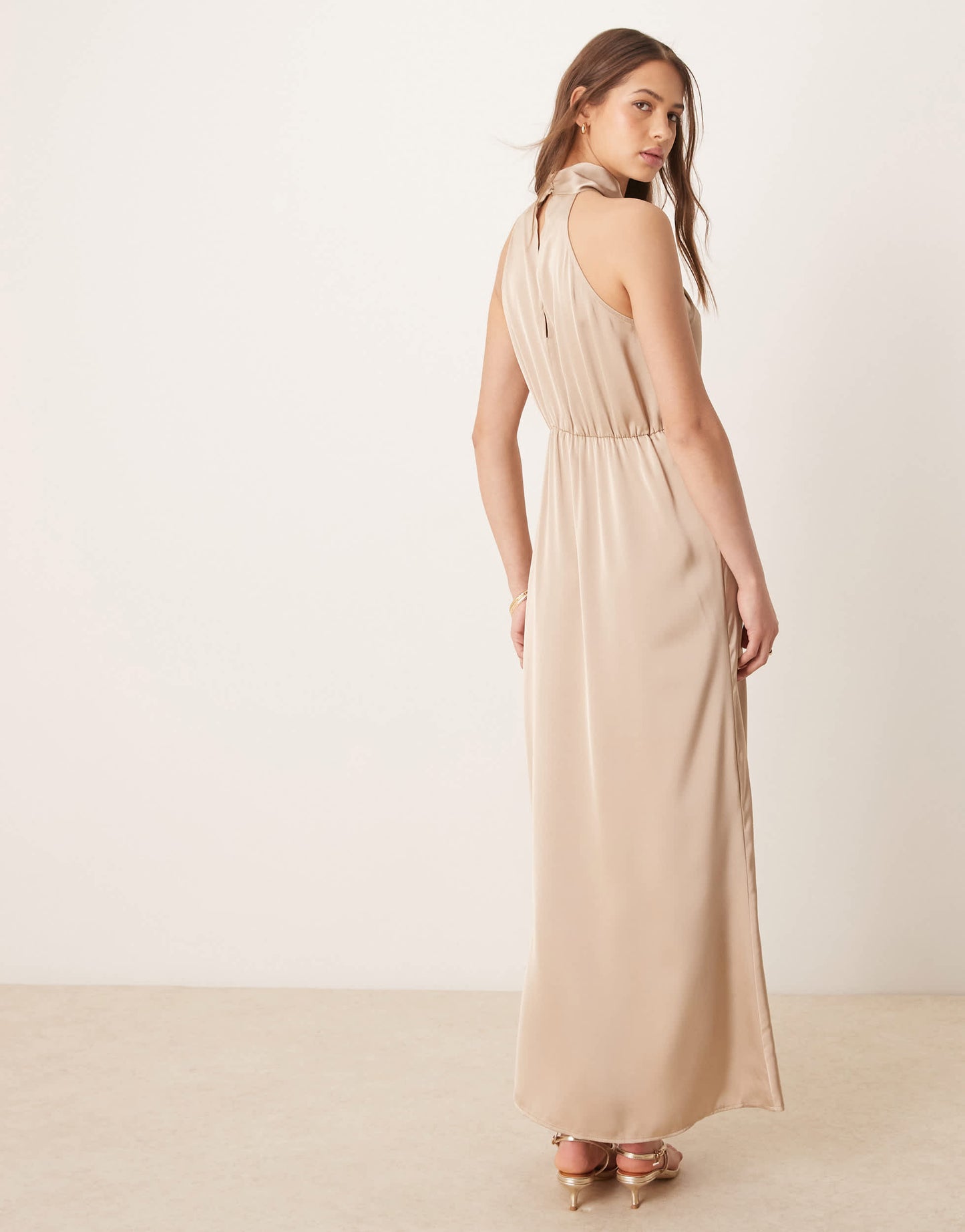 Vila satin twist halterneck midi dress in beige