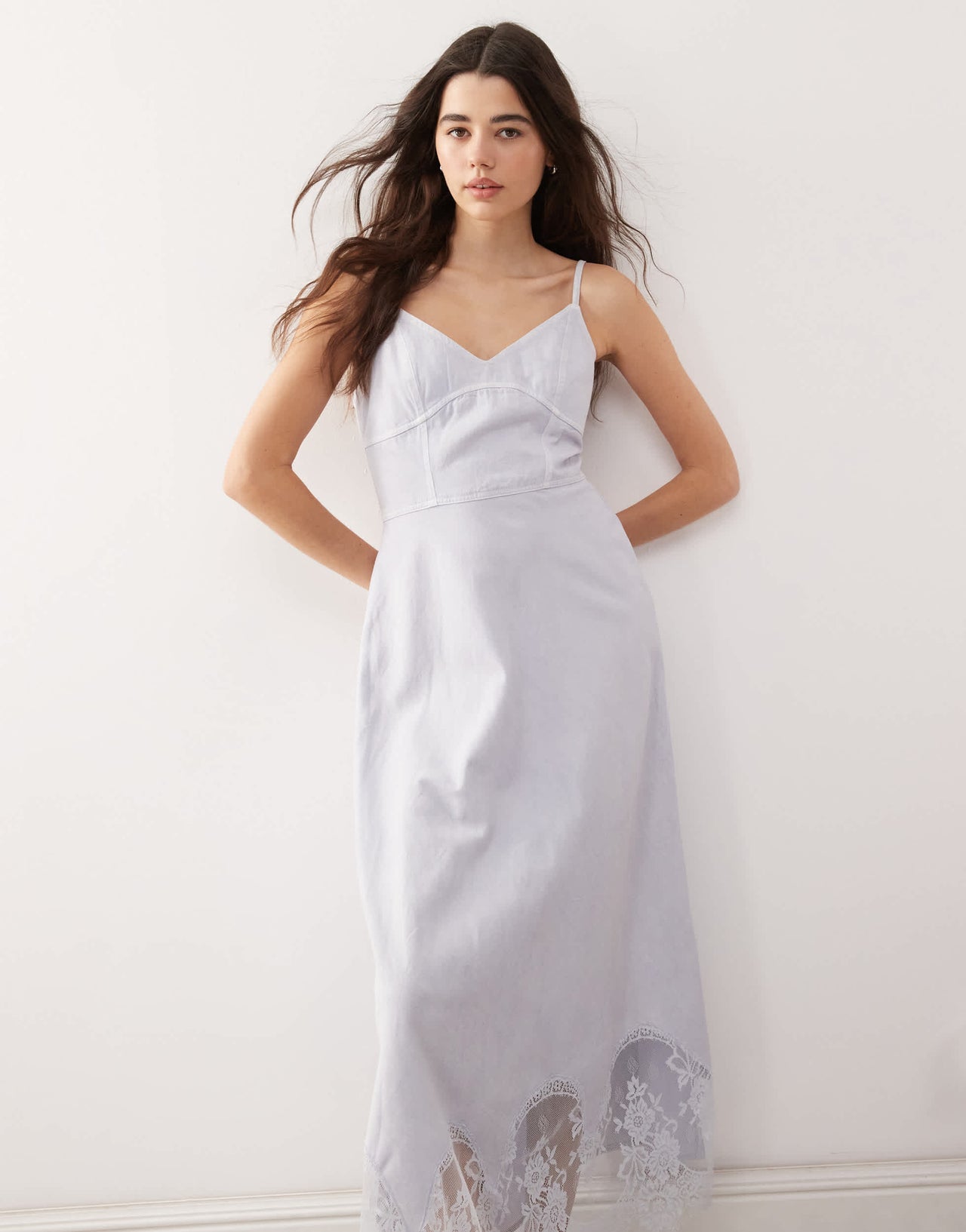 Reclaimed Vintage denim lace insert strappy cami midi dress in light blue wash