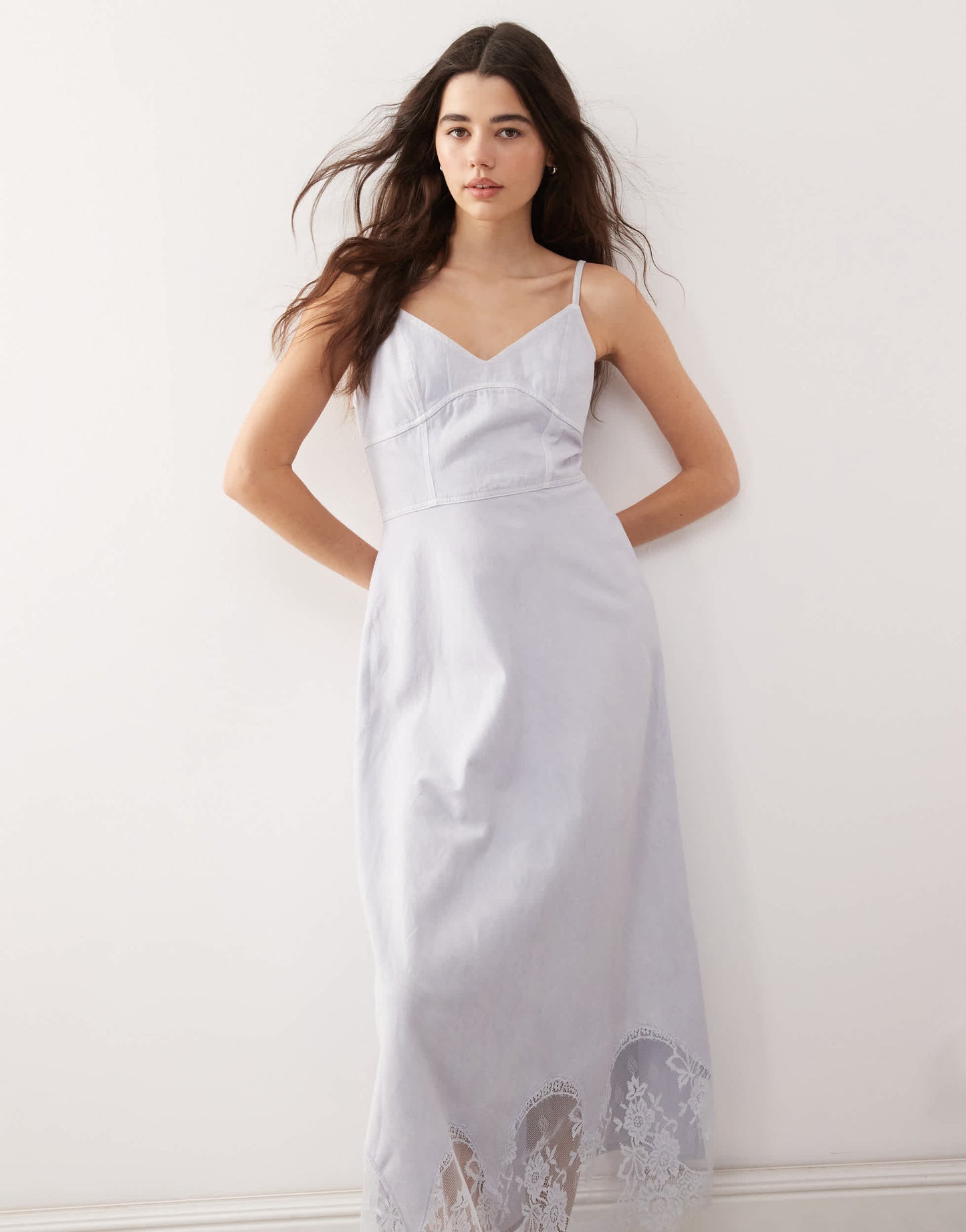 Reclaimed Vintage denim lace insert strappy cami midi dress in light blue wash