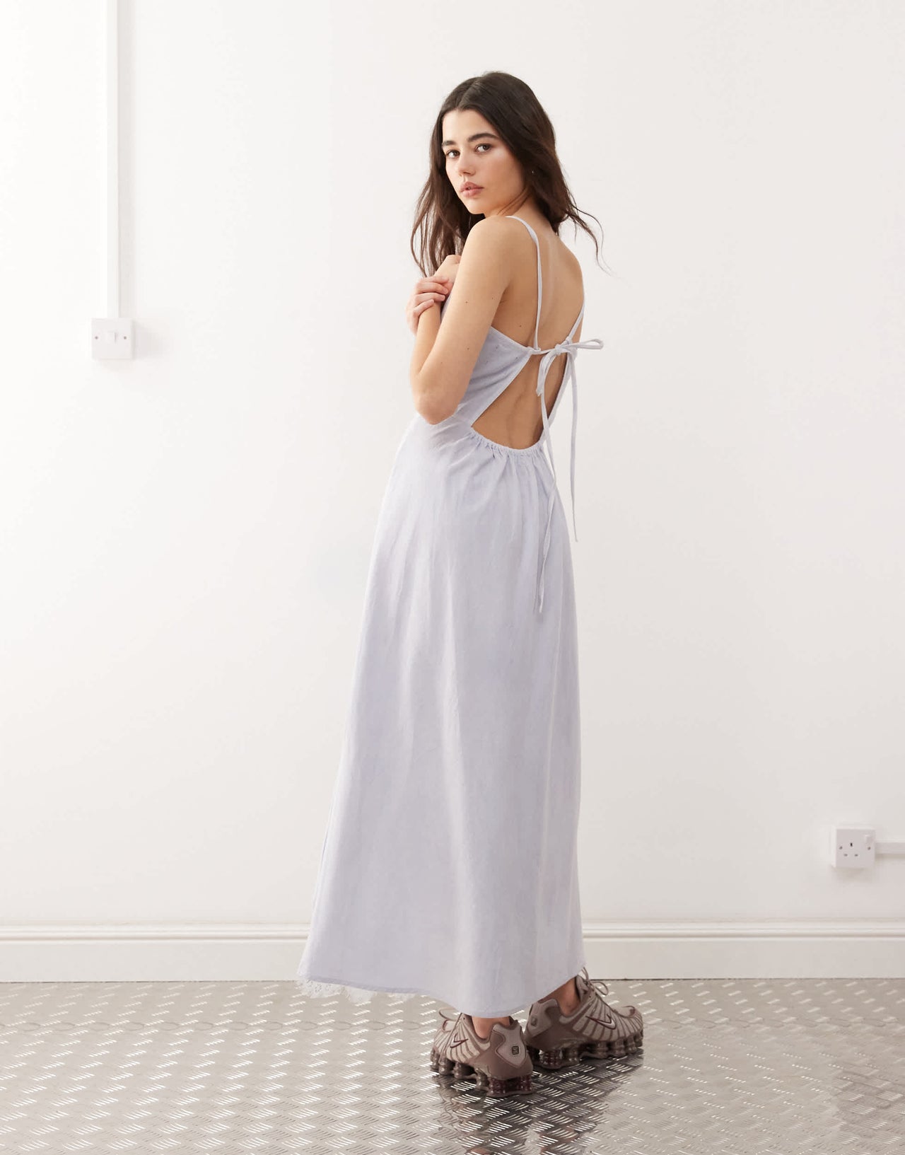 Reclaimed Vintage denim lace insert strappy cami midi dress in light blue wash