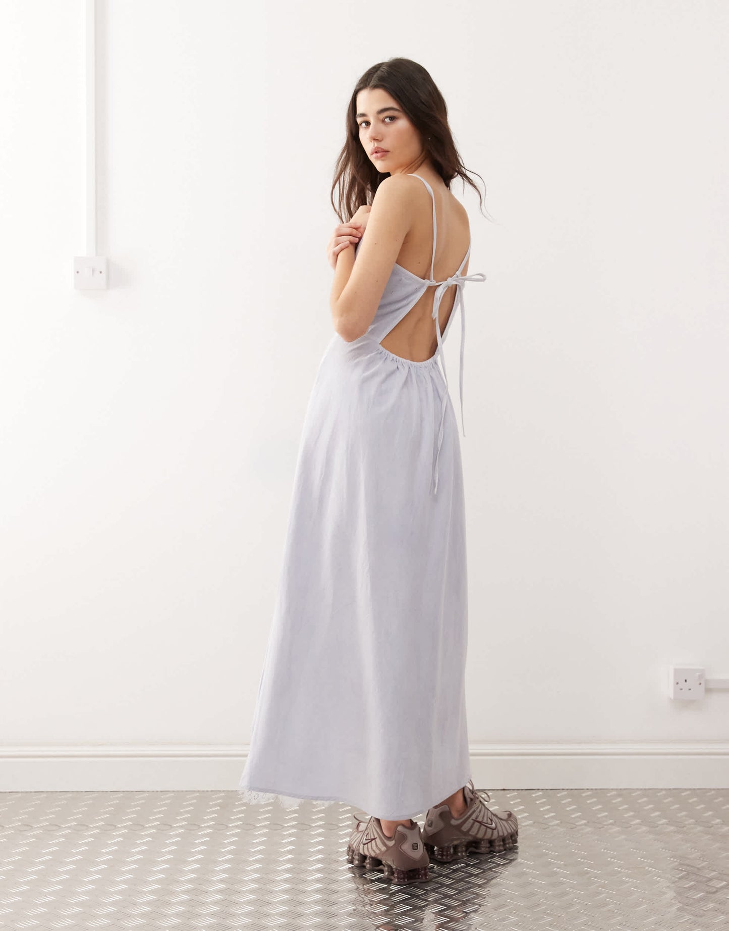 Reclaimed Vintage denim lace insert strappy cami midi dress in light blue wash