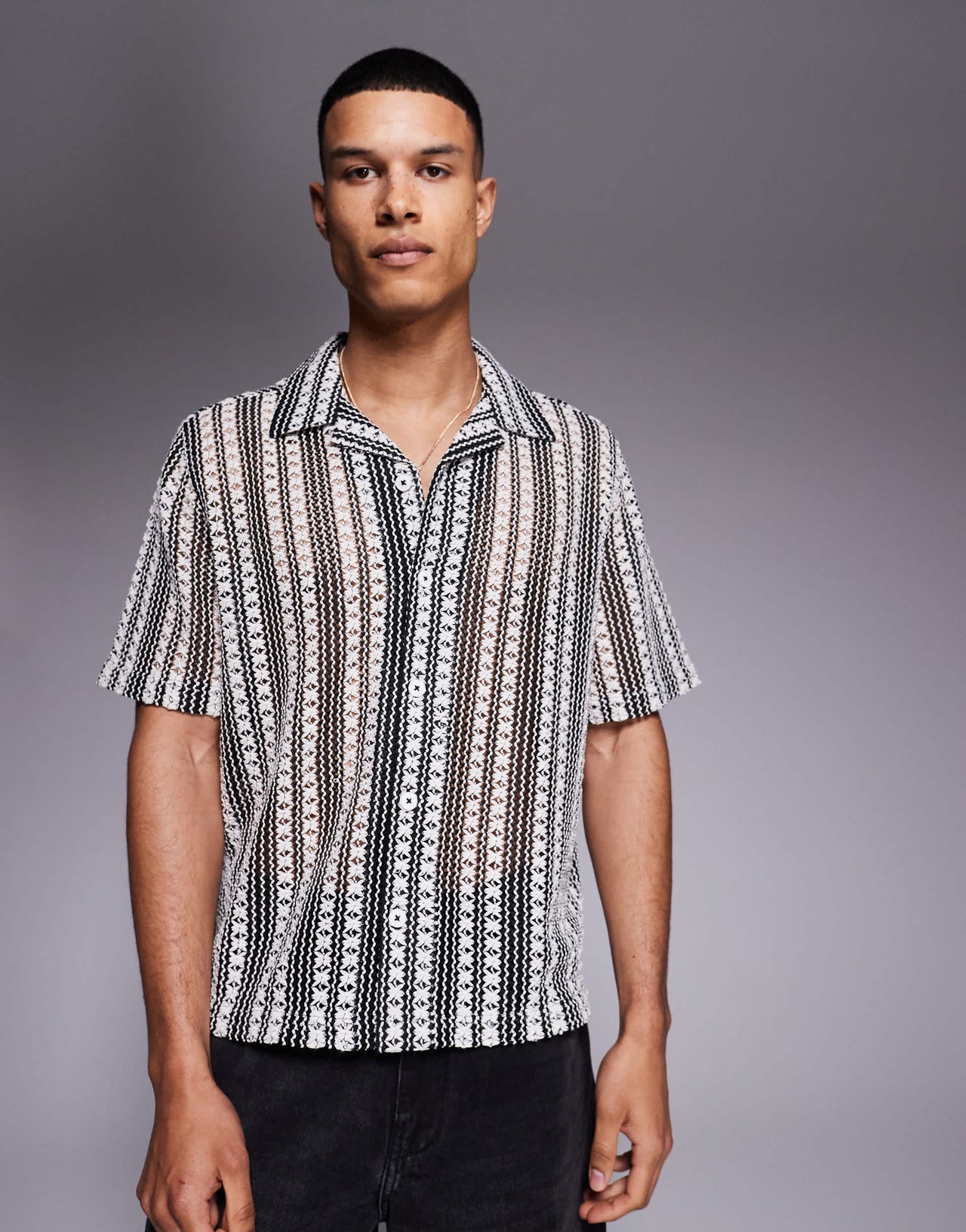 ASOS DESIGN boxy deep revere crochet shirt in black and white stripe