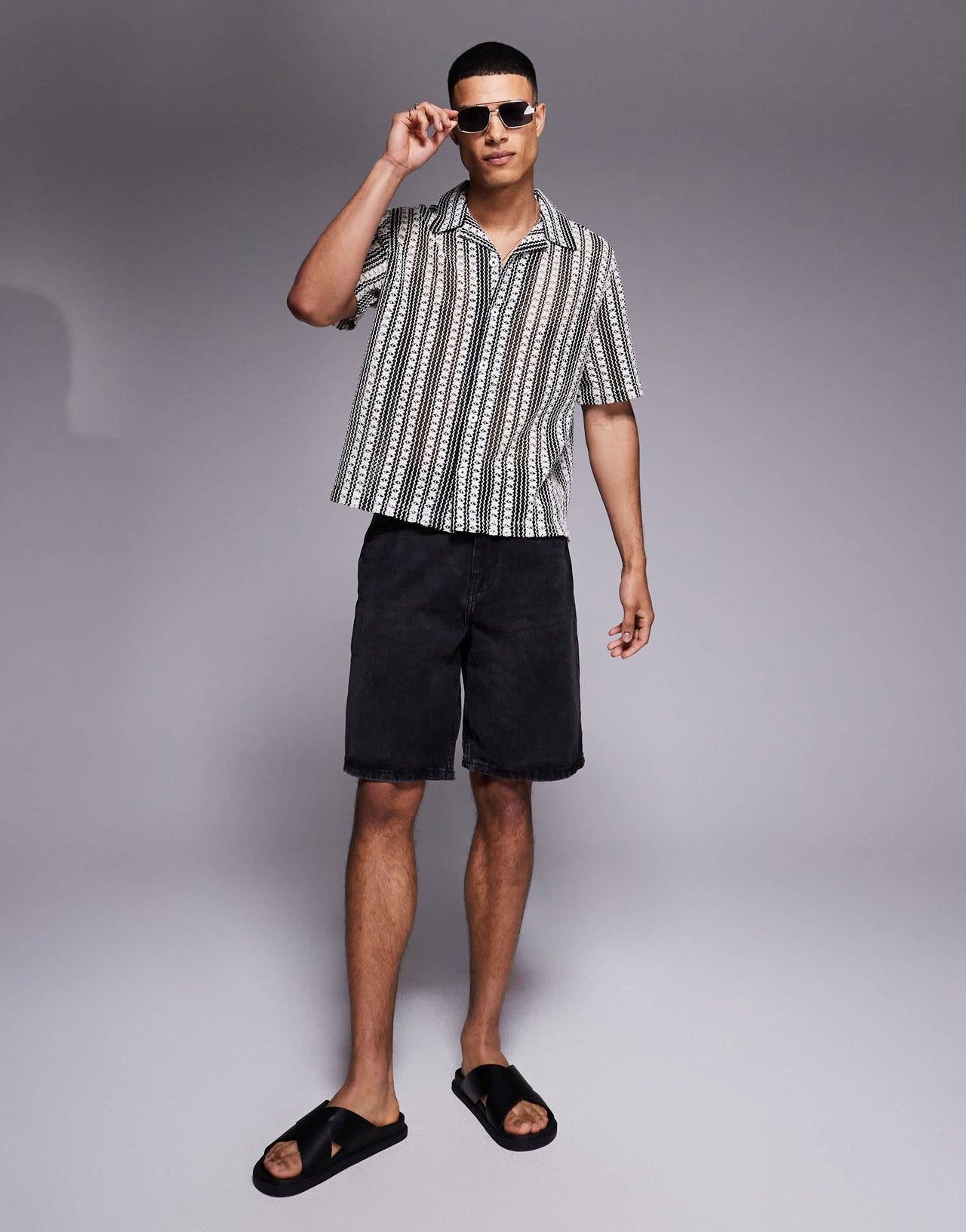 ASOS DESIGN boxy deep revere crochet shirt in black and white stripe