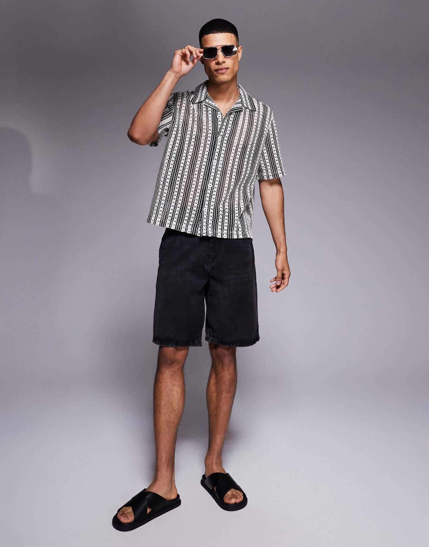 ASOS DESIGN boxy deep revere crochet shirt in black and white stripe