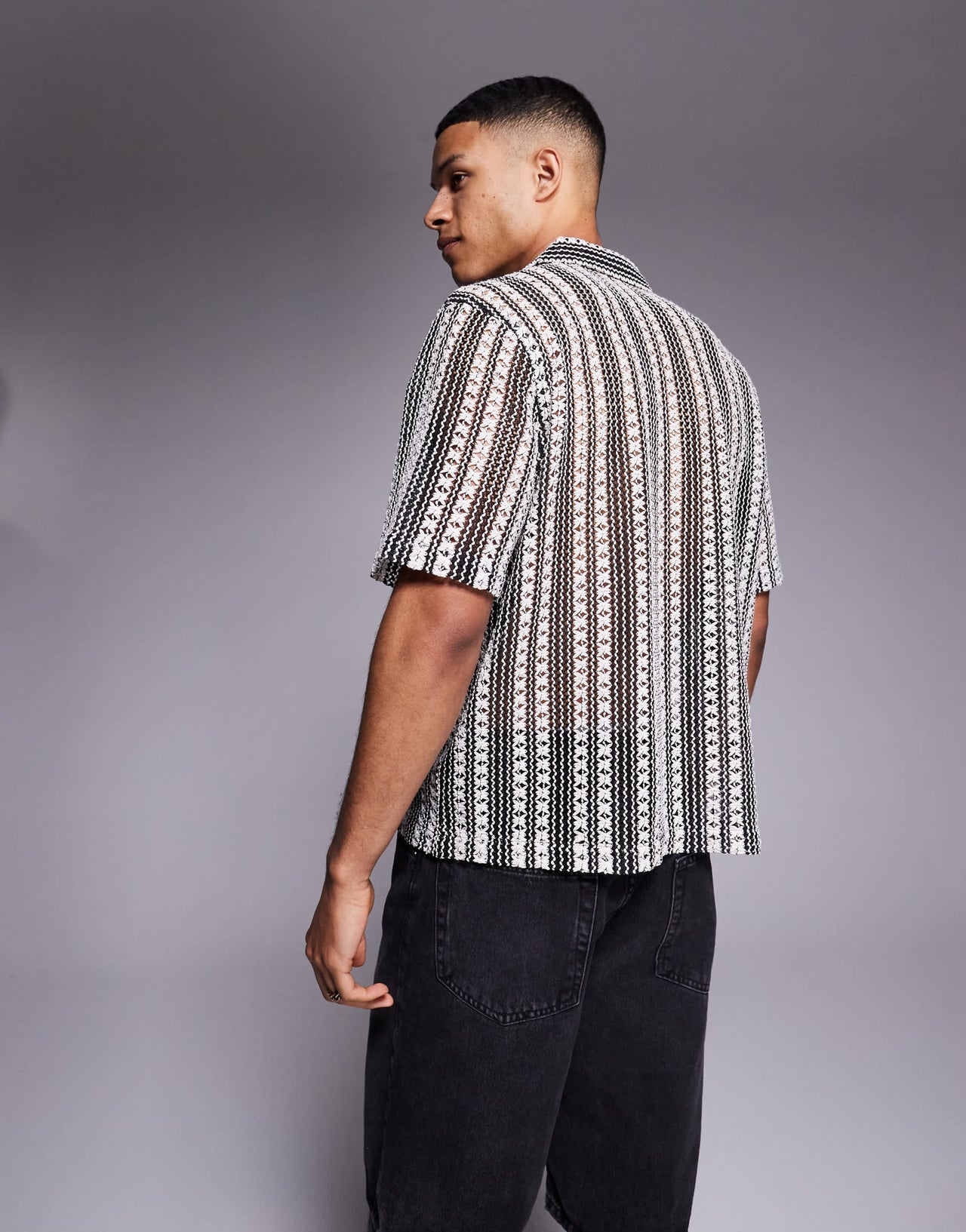 ASOS DESIGN boxy deep revere crochet shirt in black and white stripe