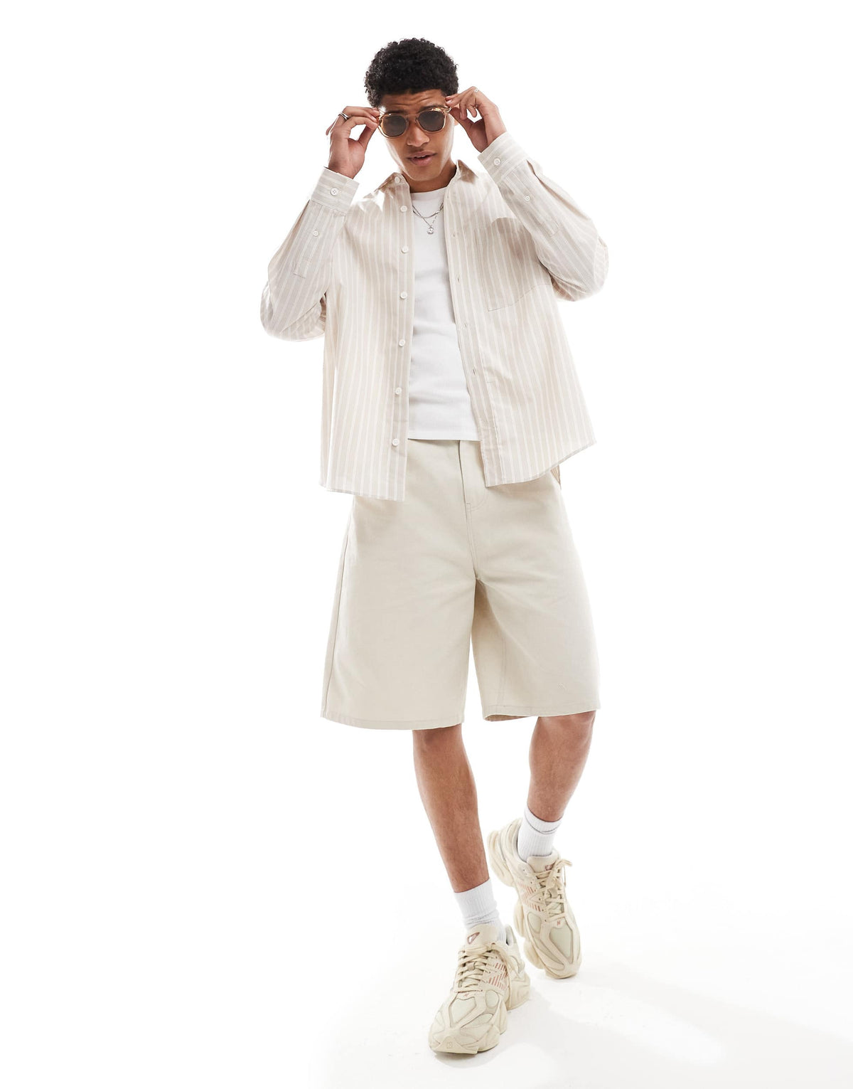 River Island relaxed fit shirt in beige stripe