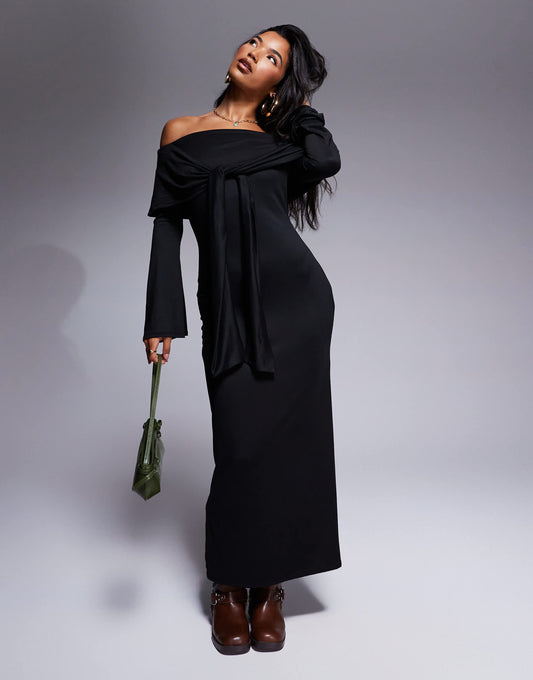 ASOS DESIGN supersoft long sleeve bardot with tie detail midi dress in black